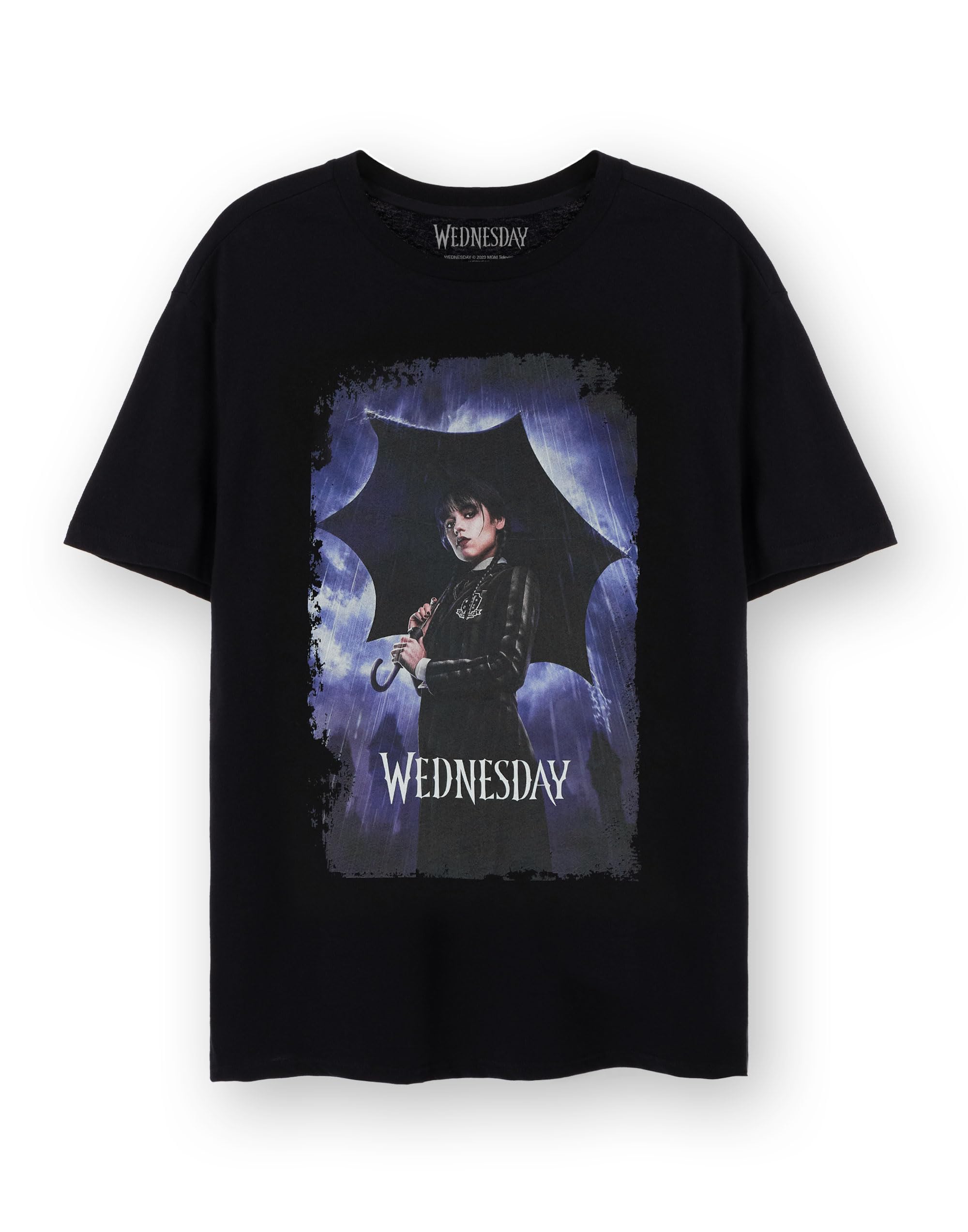 Maglietta Donna Wednesday Addams Con Ombrello, Grafica Invecchiata, Nero, Ispirata Alla Serie Netflix, Manica Corta