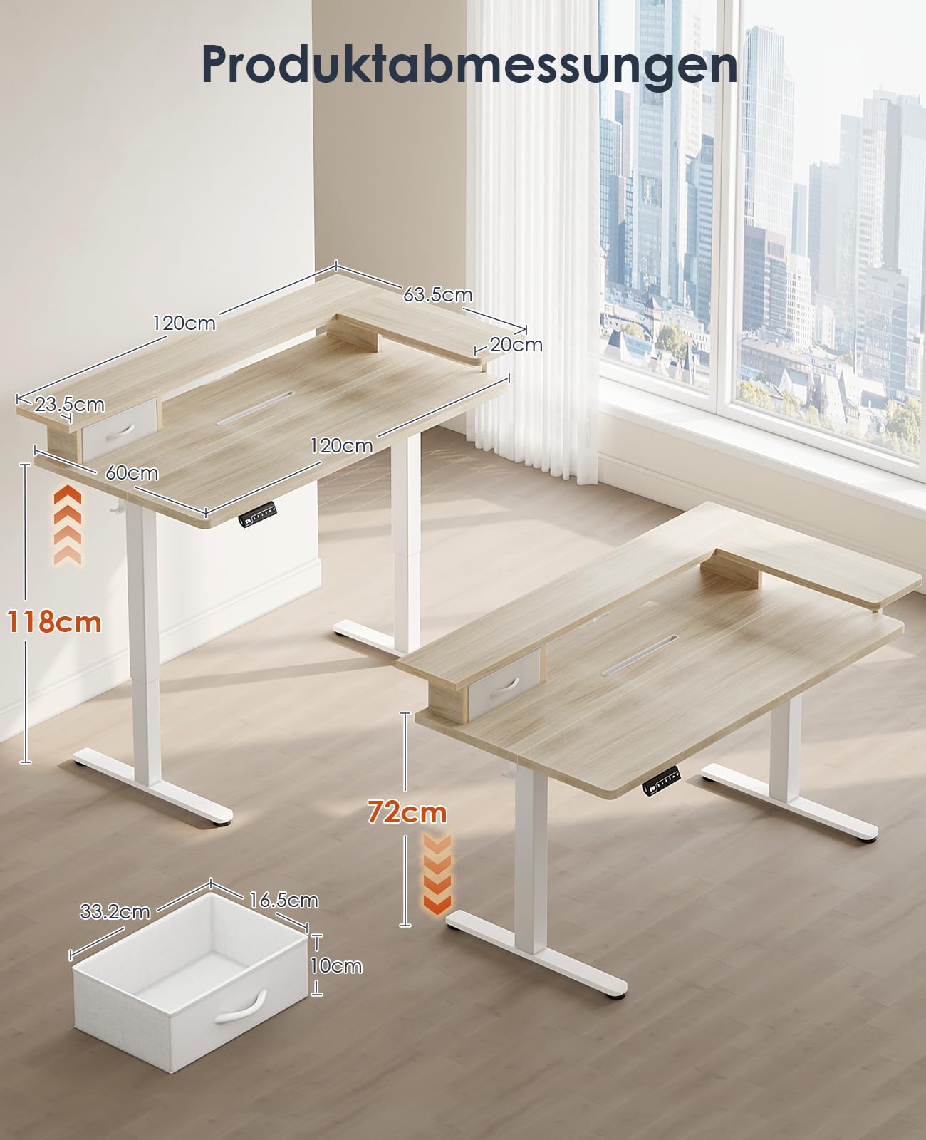 OffiGo Schreibtisch Höhenverstellbar Elektrisch mit Schublade und USB, 120 x 60 cm, Ergonomischer Steh-Sitz Tisch Computertisch, Maple