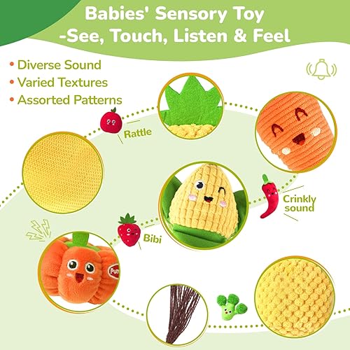 Miniatura 4 de Juguetes sensoriales para bebés, juguetes de felpa para clasificar colores de frutas y verduras de 6 a 12 meses, comida de juego de simulación con