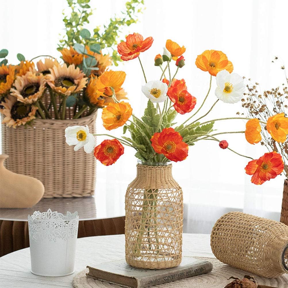 DOITOOL Rattan Vase Boho Woven Glass Vase, Country Rustic Style Wicker Floral Container, Farmhouse Flower Bottle for Floral Arrangements Housewarming Wedding Party Decoration (S+L)