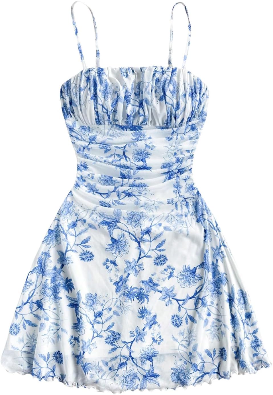 WDIRARA Women's Floral Print Ruched Cami Dress Spaghetti Strap Ruffle Hem Mesh Mini Dress