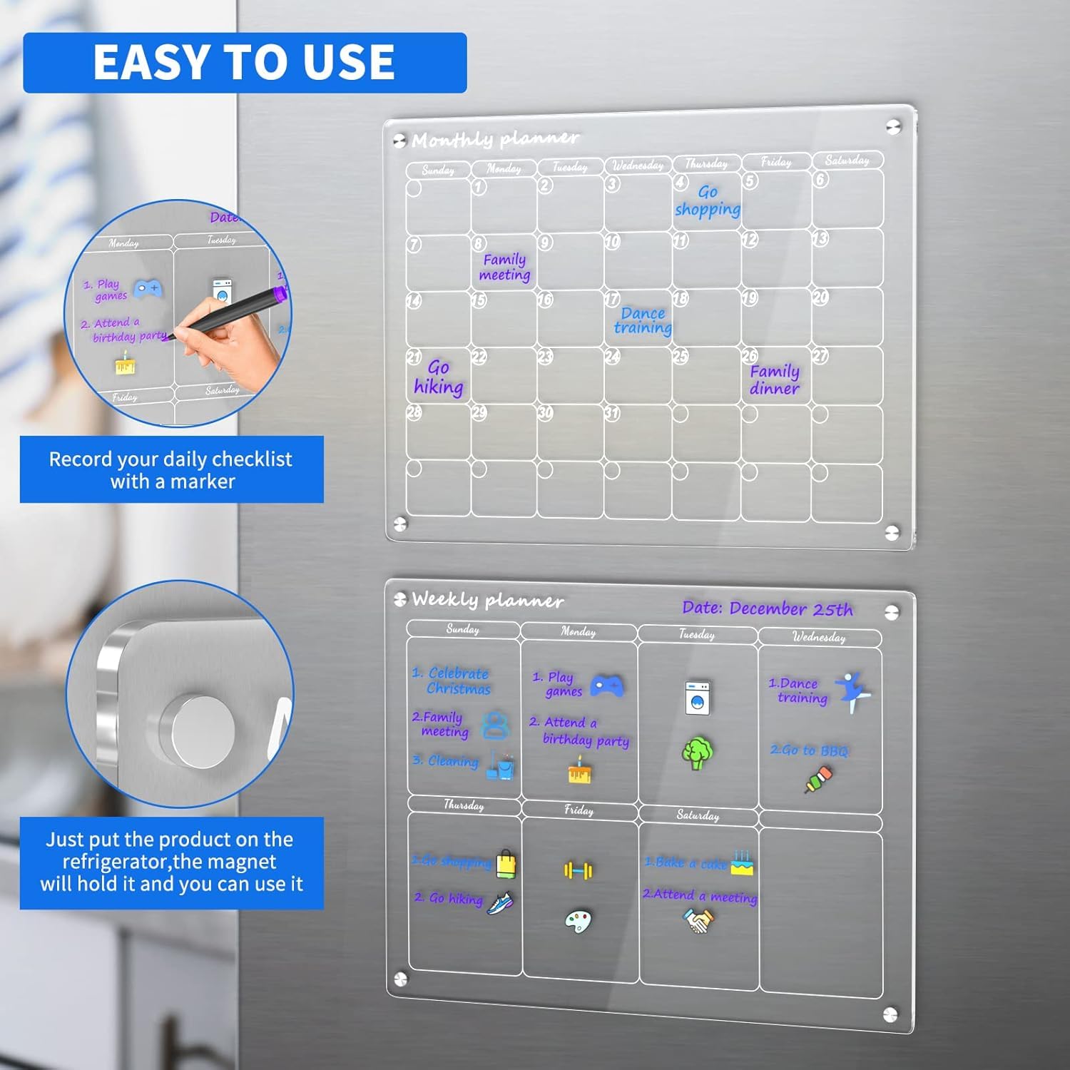 Acrylic Magnetic Dry Erase Board for Fridge Weekly & Monthly Family Planner - Image 2