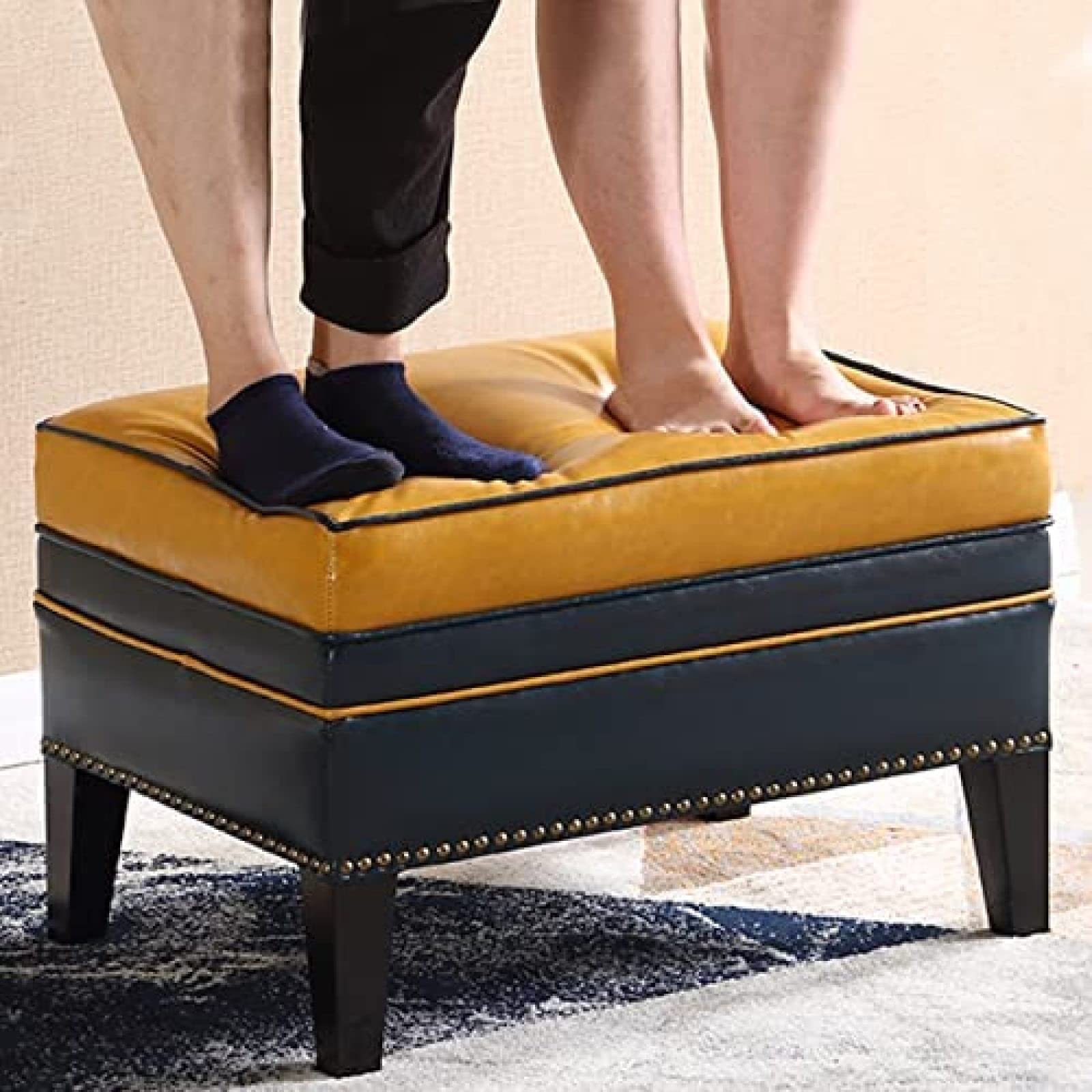Banco De Almacenamiento Rectangular De Gran Capacidad con Patas De Madera, Taburete Cómodo para Reposapiés para Banco De Entrada Al Extremo De La Cama,Amarillo,100X40X42Cm