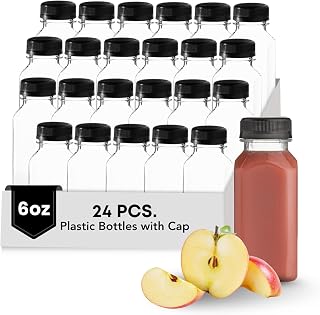 Hammont Plastic Bottles with Caps - Clear PET Iced Coffee & Juice Bottles, Pack of 24 - Reusable Juicing Bottle - Ideal for Cold Drinks (6 oz)