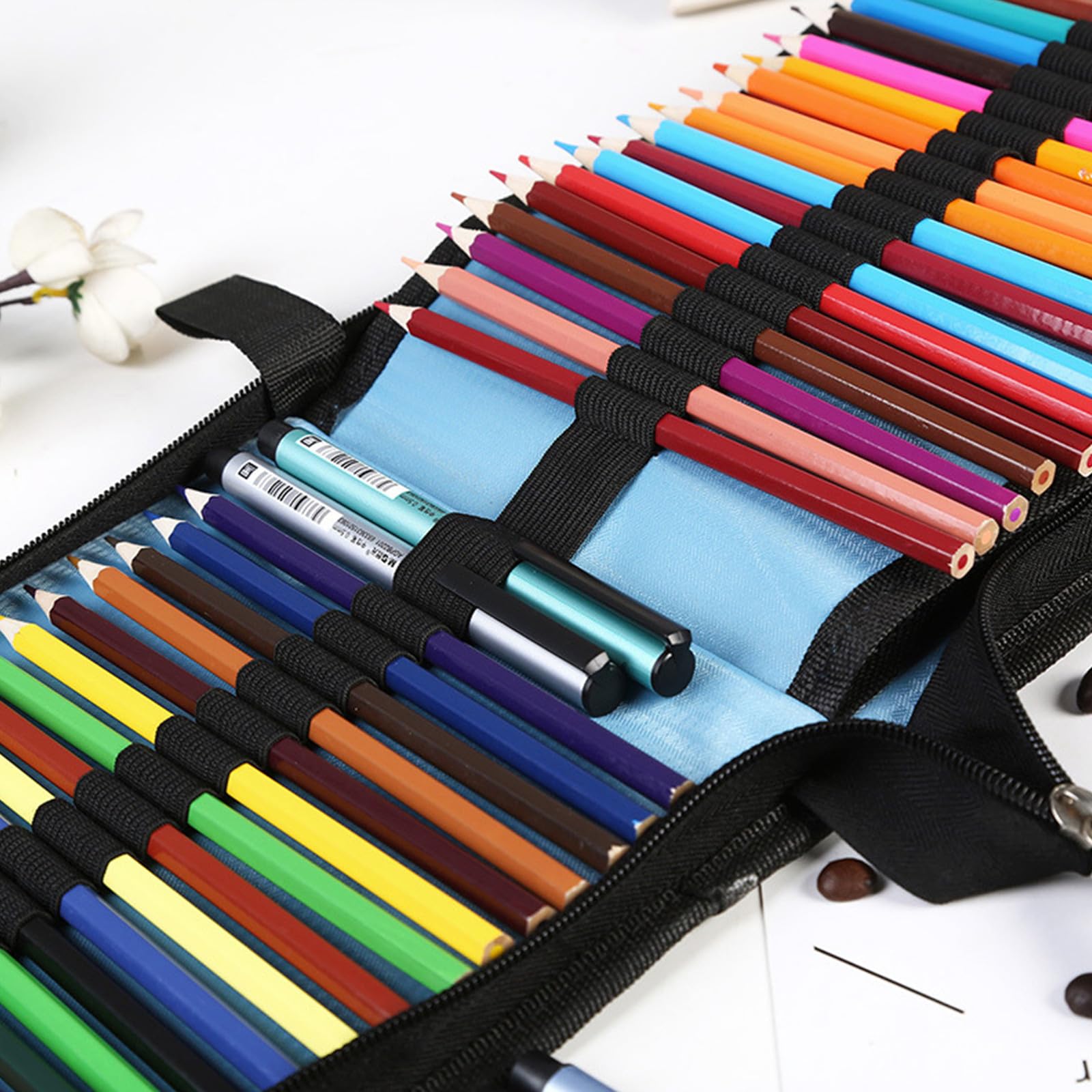 Astuccio con 72 o 120 scomparti, grande capacità, in lino, borsa portaoggetti, supporto singolo, portapenne, portapenne, organizer con cerniera (120 tasche pieghevoli (nero