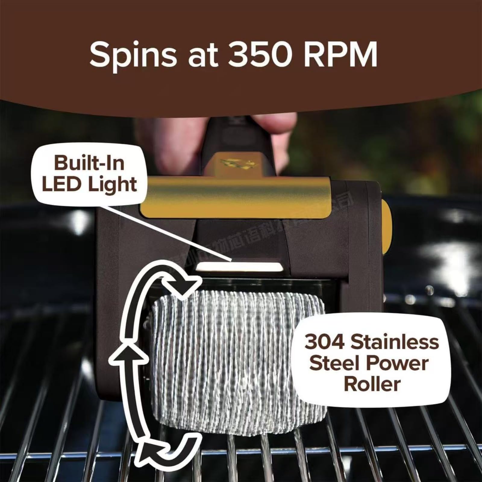 Spazzola elettrica per la pulizia della griglia, senza fili, ricaricabile, con rullo in acciaio inox da 350 giri/min e luce LED, detergente per barbecue senza setole