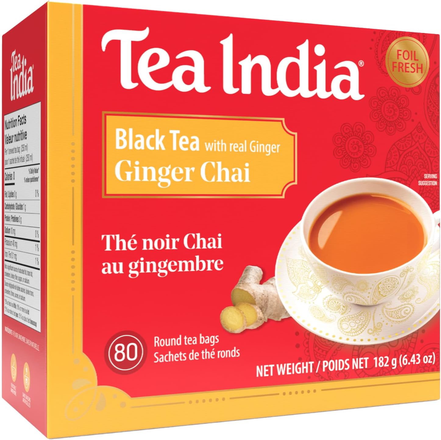 Tea India Ginger Chai Black Tea with Real Ginger Flavorful Blend Of Premium Black Tea, Ginger & Natural Ingredients Traditional Indian Caffeinated Tea 80 Round Teabags