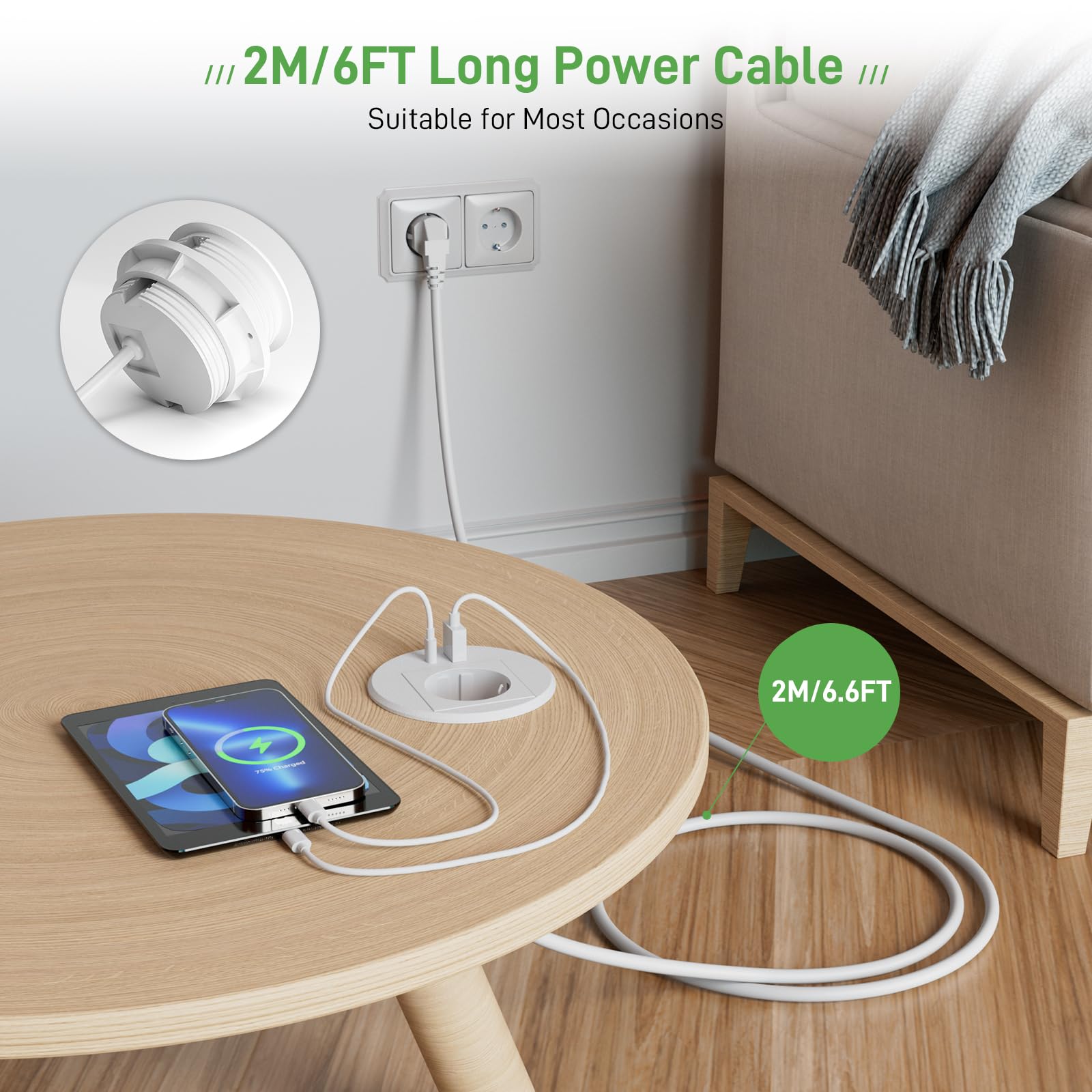 Gniazdko stołowe z USB C PD20 W, gniazdko do zabudowy z gniazdem USB, do zabudowy, listwa zasilająca, kabel 2 m, kolor biały