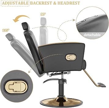 KIGOTY Salon Chair for Hair Stylist, Reclining Salon Chair with Hydraulic Pump,360 Degree Swivel Hair Stylist Chairs with Footrest and Adjustable Headrest for Barbershop (Black-Golden)