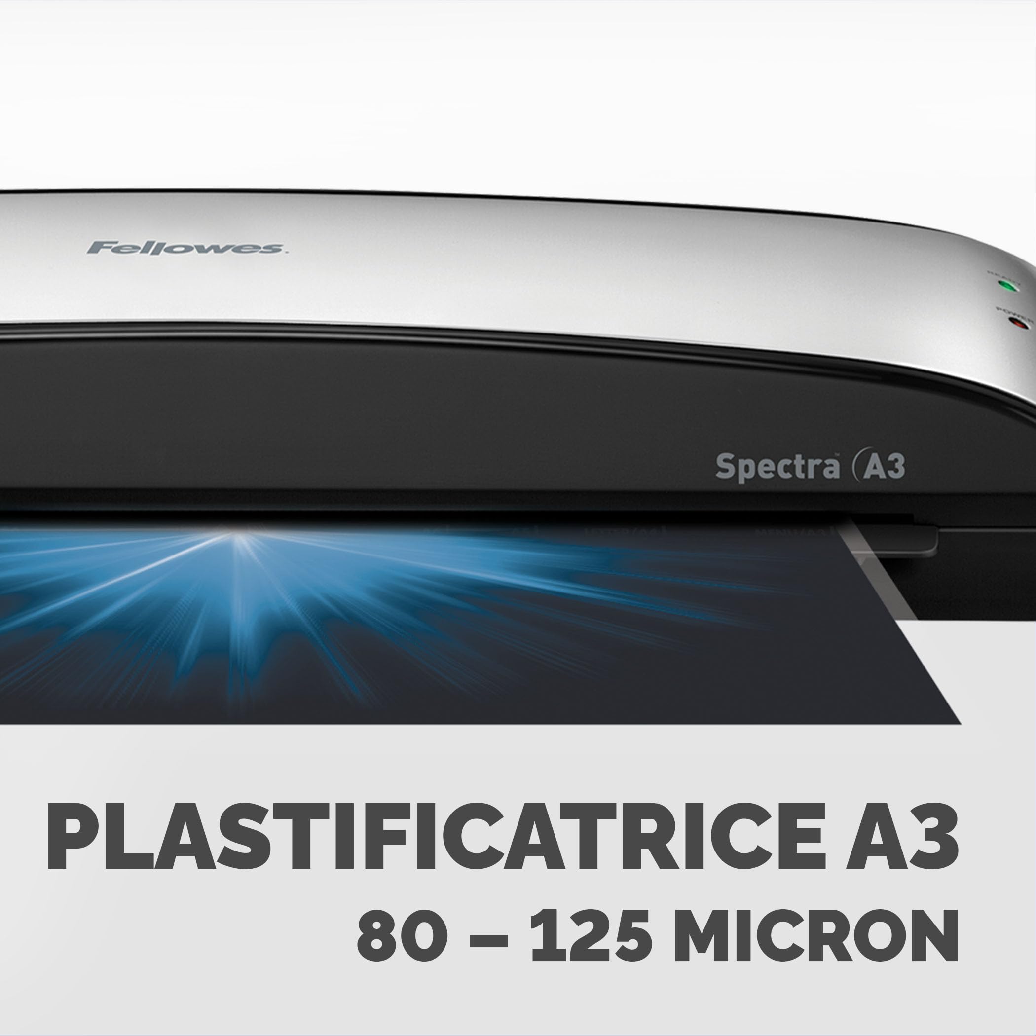 Fellowes plastificatrice Spectra A3, formato A3, fino a 125 Micron, per casa e ufficio, plastificatrice con leva di sblocco e modalità riposo, riscaldamento in 4 minuti, starter pack con 10 pouches