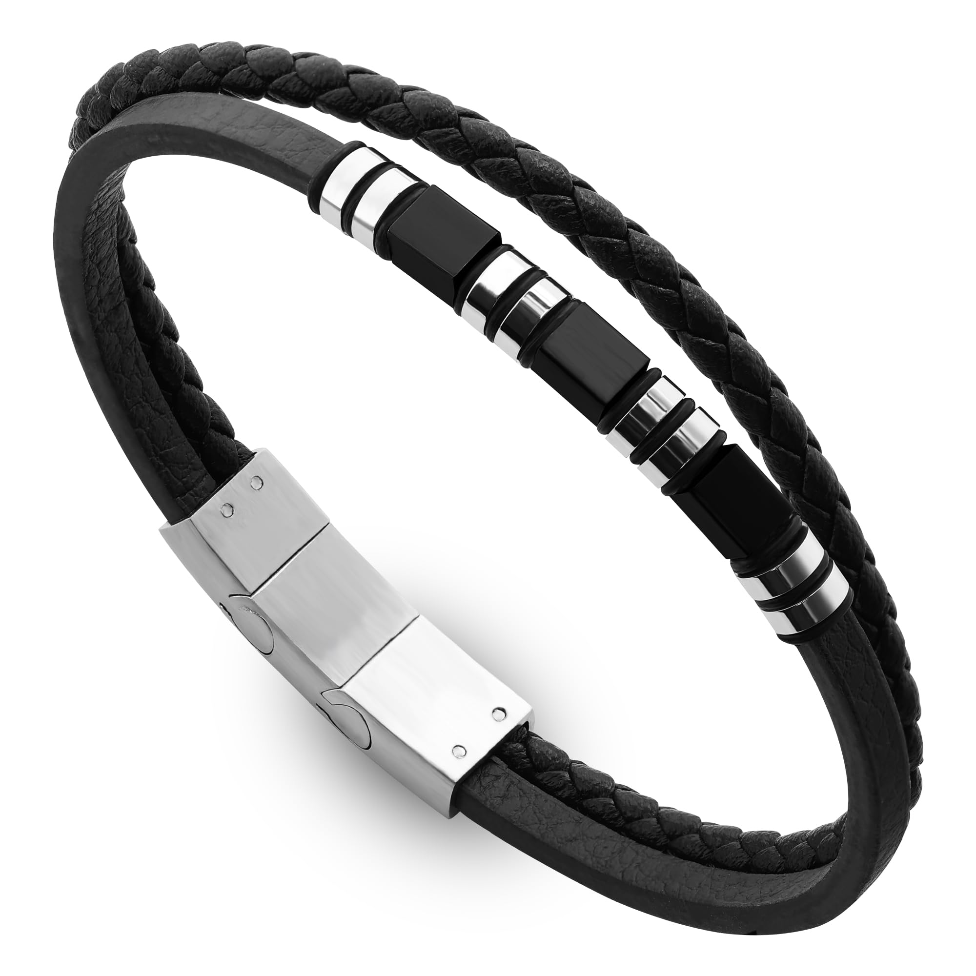 Hengbofeng Mens Bracelet,Gifts for Men,Double-Row Black Braided Leather With Black Stainless Steel Jewelry Bracelets for Men, For Dad, Friends, Brother