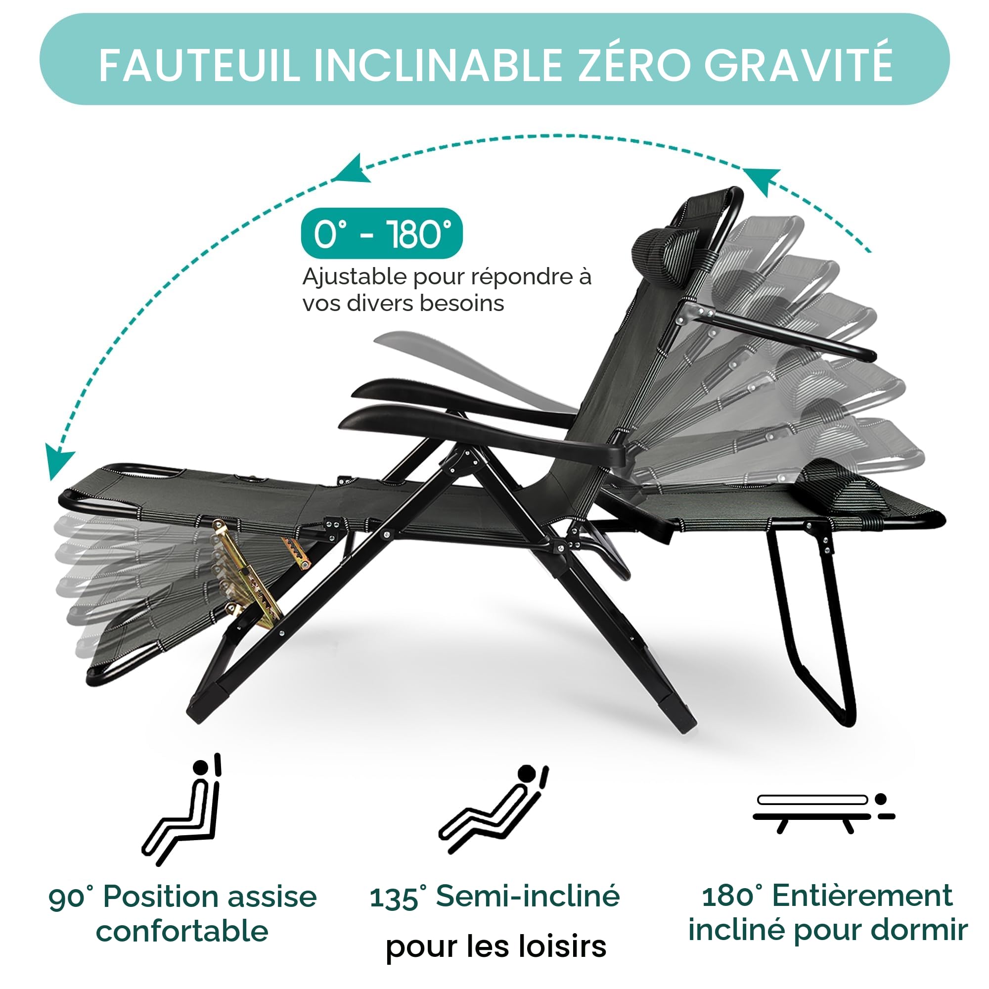 Chaise Longue Pliable, Chaise de Jardin Exterieur avec Coussin,Bain de Soleil avec Repose-tête,Transat Fauteuil Relax,Chaise de Camping en Textilène,Lit de Camping Portable pour Plage Piscine,Noir