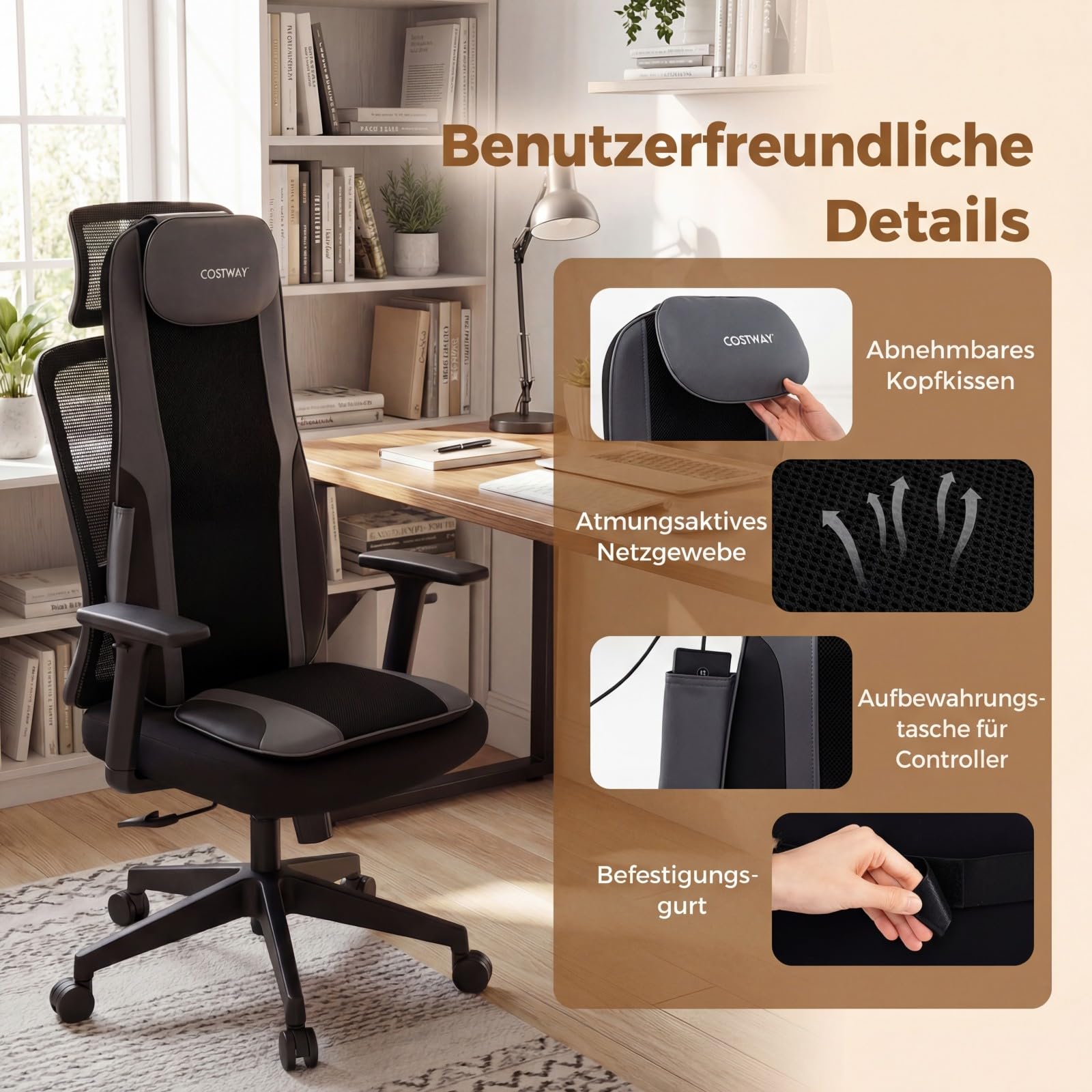 COSTWAY Shiatsu Massageauflage mit 4 knetenden Rollknoten & 2 Vibrationsmotoren, Massagesitzauflage 3D Massagematte, Rückenmassagegerät mit Wärme für Zuhause & Büro