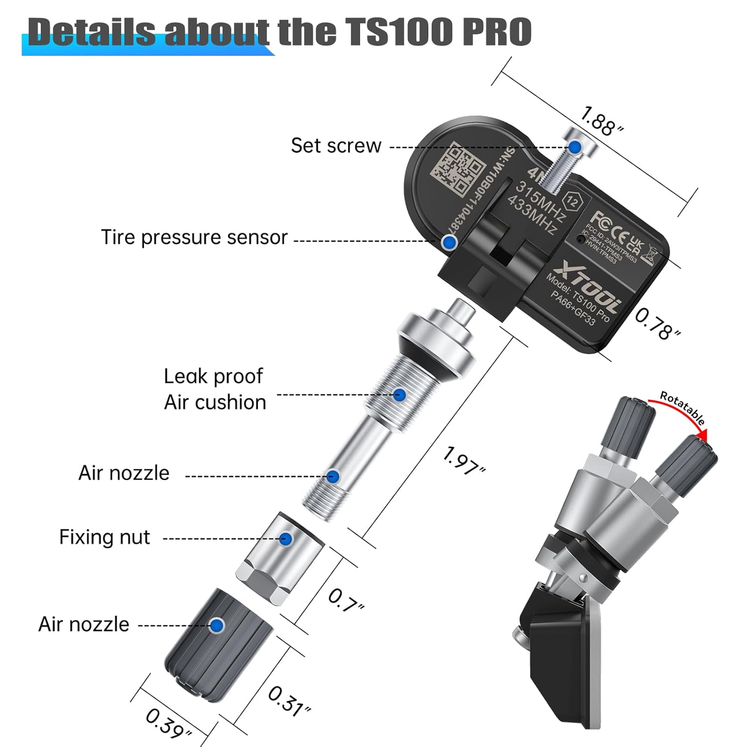 XTOOL TS100 PRO TPMS Sensor, 315Mhz/433MHz TPMS Tire Pressure Monitoring Sensor Fits for GM, for Ford, for Toyota, All Cars, Metal Value 1-Pack Replacement, ONLY Programmed by XTOOL TP150/IP819TP