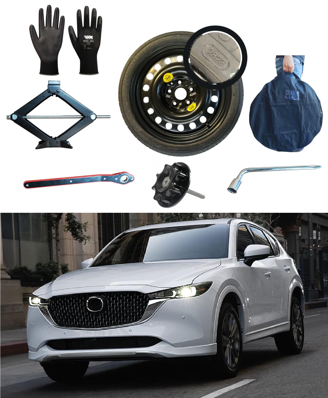Notrad 17" kompatibel mit Mazda CX-5 Wagenheber Schlüssel Befestigungsschraube Handschuhe Tasche 155/90R17