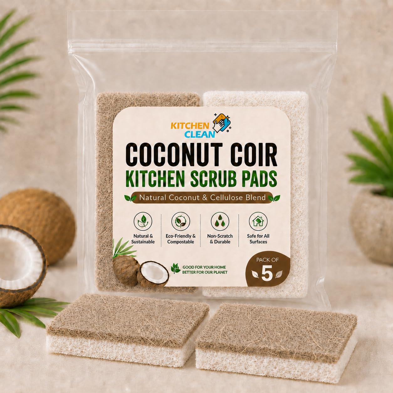 Kitchen Clean Natural Coconut Coir & Cellulose Blend Dish Scrubber Sponge, Eco-Friendly Biodegradable Kitchen Cleaning Sponge, Non-Toxic Long-Lasting Scrub Pads for Utensils, Pots & Pans – Pack of 5-image-3