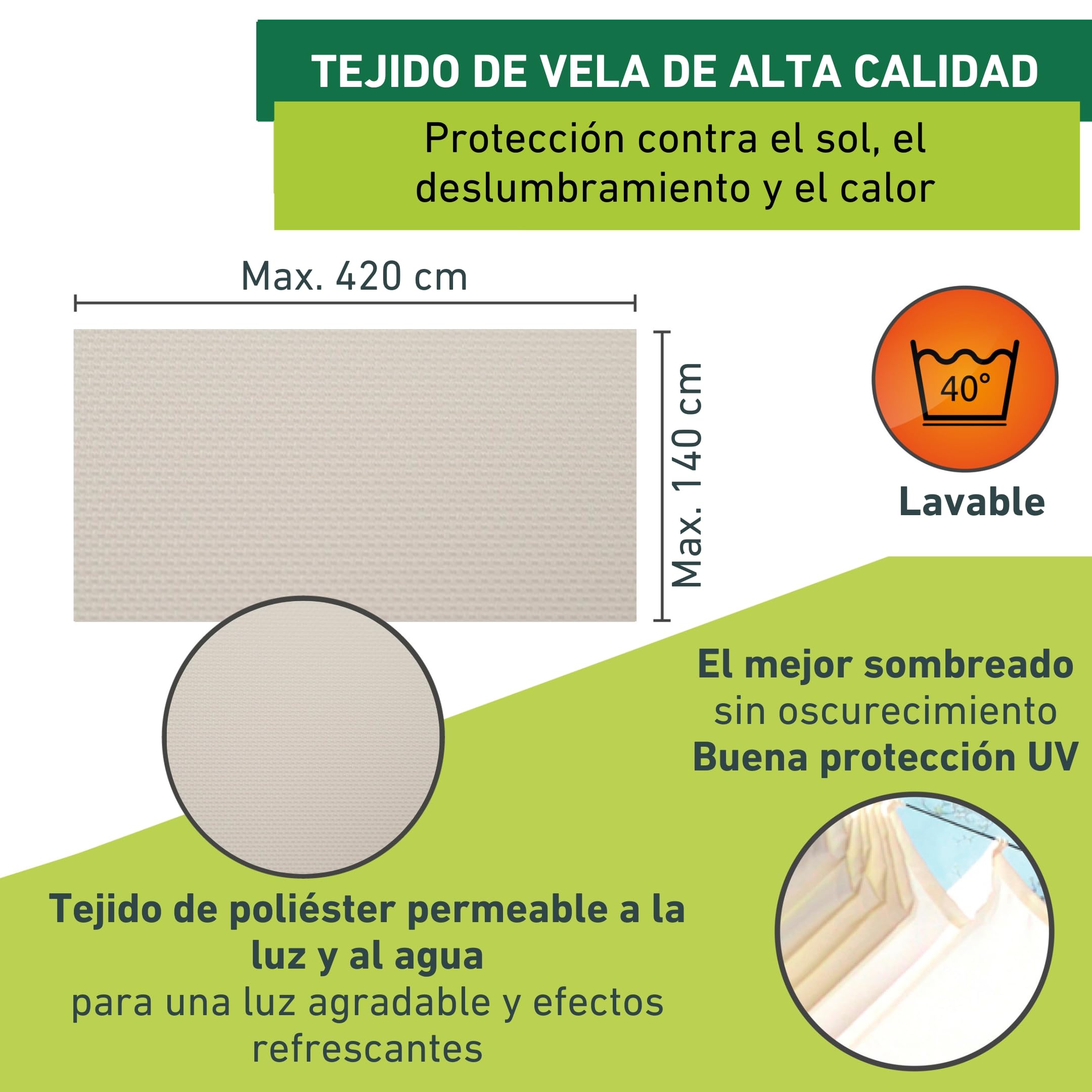 Windhager Toldo Liso” Vela de protección Solar tecnología de tensado de Cables 420 x 140 cm, Ideal para pérgola o Invernadero, Blanco, 10872