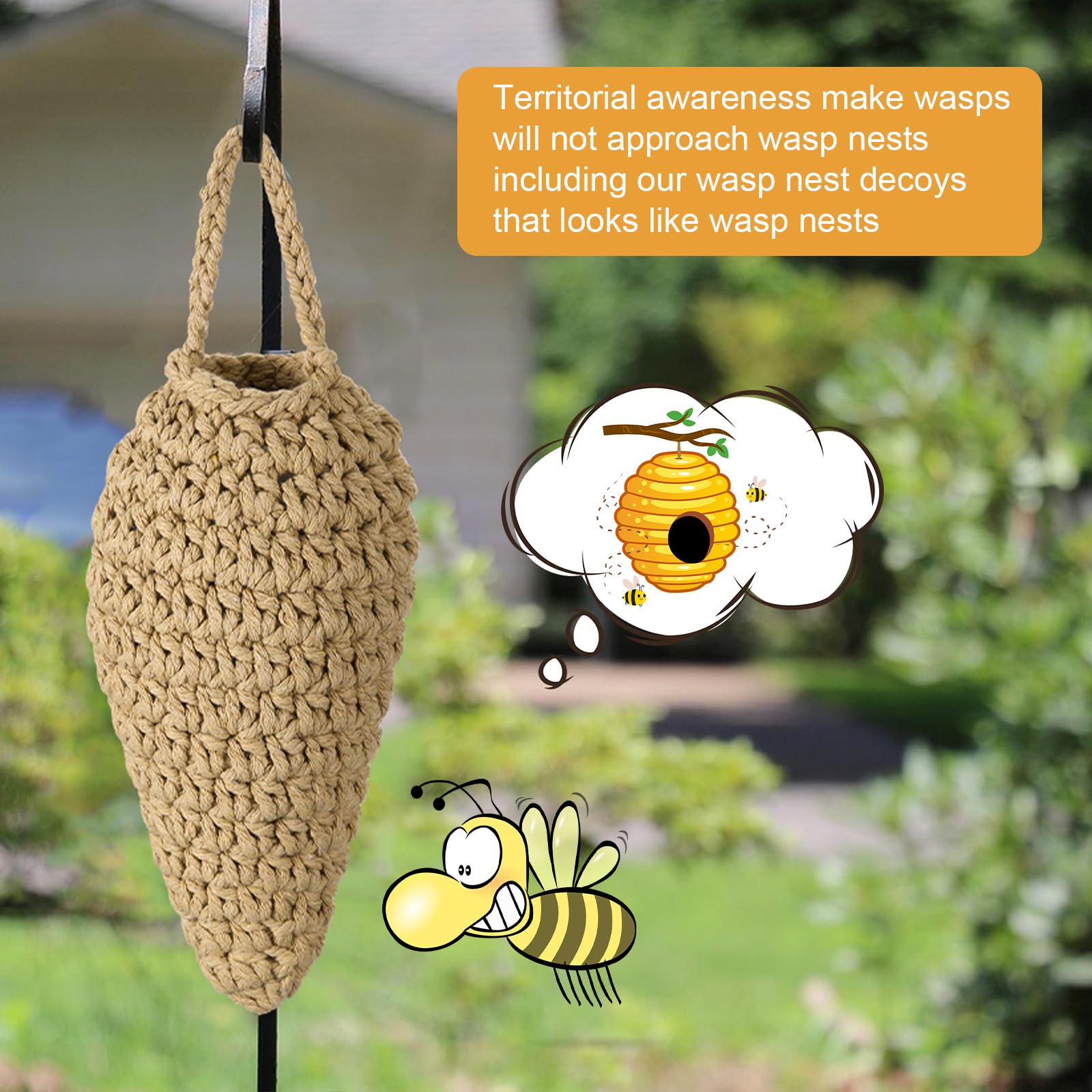 Geiserailie 4 Piezas Señuelos de Nido de Avispas de Crochet Nido de Avispas Colgante Falso para Patio Aleros Jardín Patio Señuelo Decoración