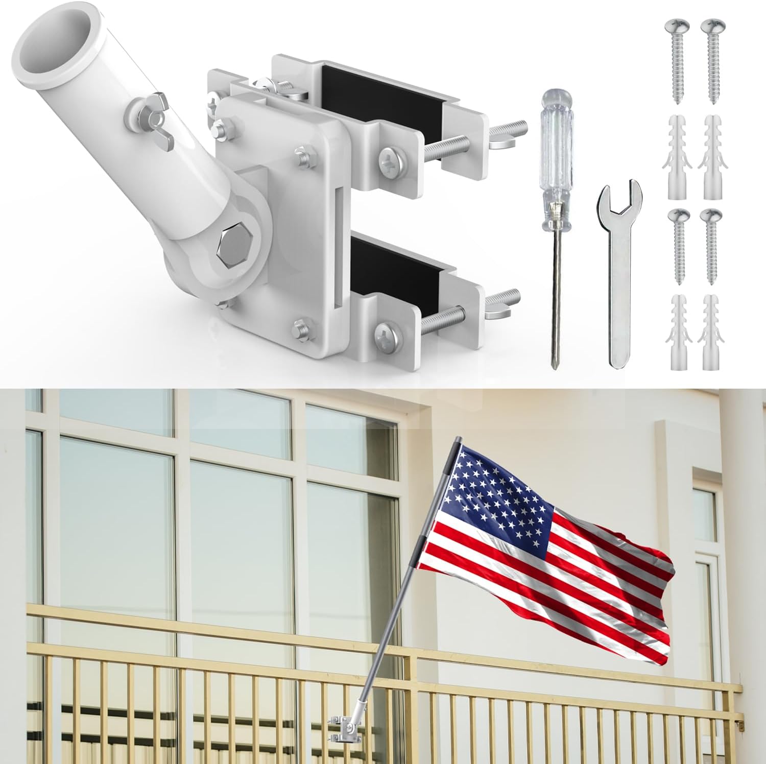 No Drilling Flag Pole Holder for Railing, Flag Pole Mount Adjustable for Porch & Fence Rail, Apartment Balcony, Flag Pole Holder with Silicone Pads, Two Installation Methods for 1” Flagpole