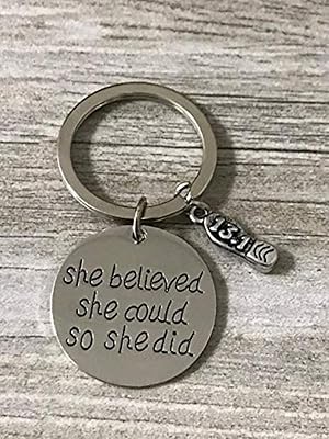 Sportybella 13.1 Keychain, Half Marathon Runner She Believed She Could So She Did Charm Keychain, Running Jewelry, 1/2 Marathon Gift for Girls and Women, for Runners