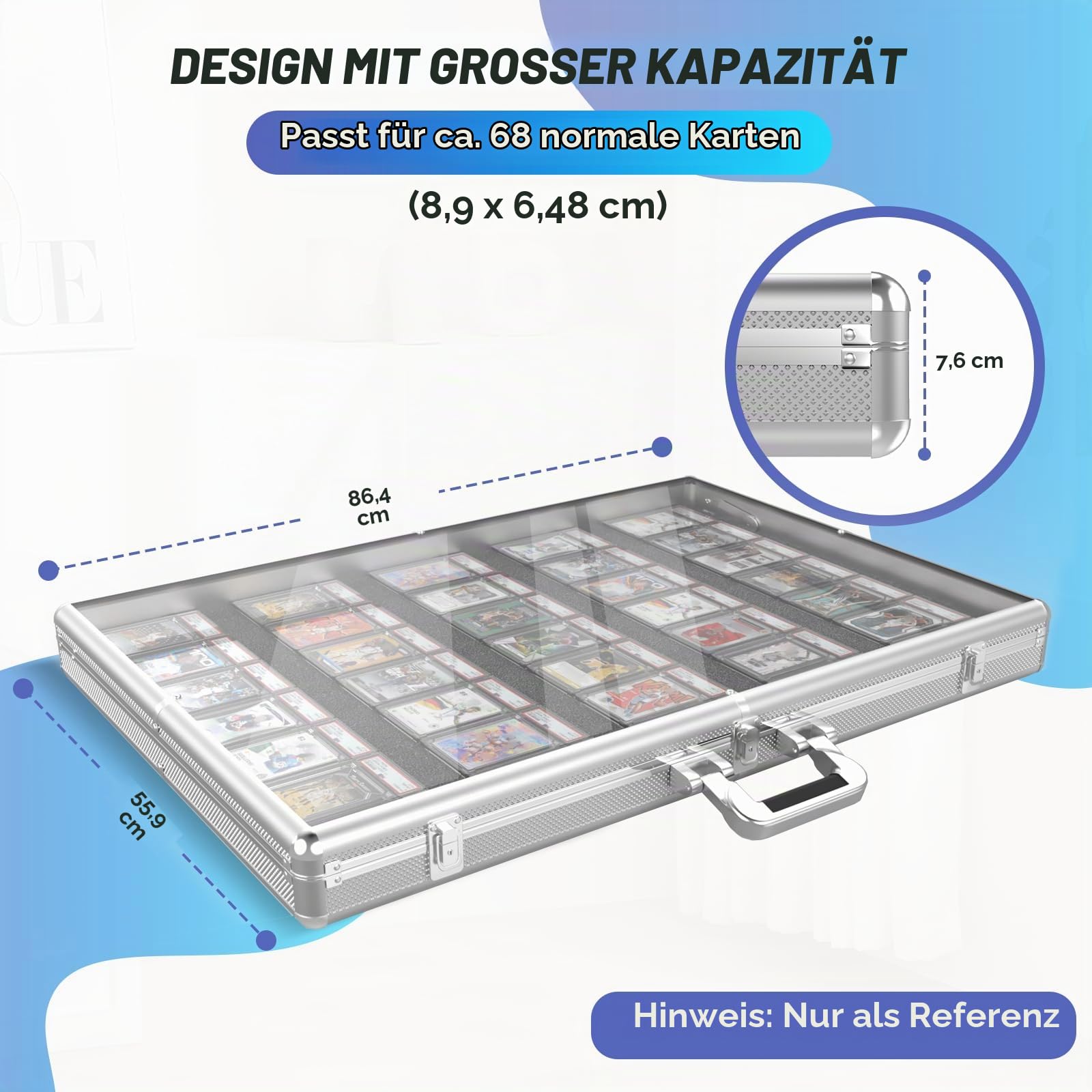 Aluminium-Karten-Vitrine mit Schloss und anpassbarem Schaumstoffeinsatz, große Glas-Tischvitrine für Sammelkarten, Schmuck, Sammelkarten, tragbare Acryl-Aufbewahrungsbox für Handel und Zuhause