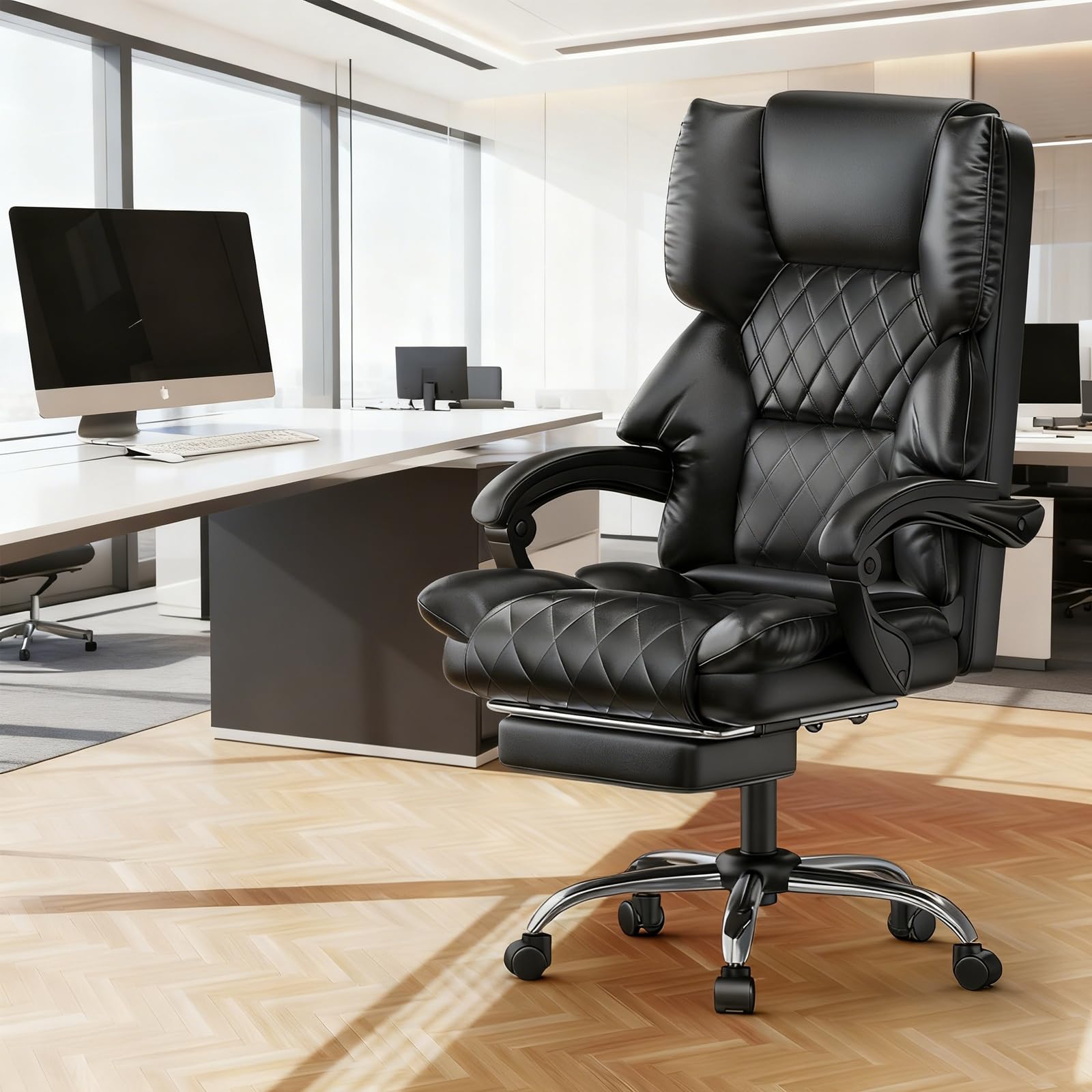Exekutiver Ergonomischer Bürostuhl mit Fußstütze - Lederimitat neigbarer chefsessel, verstellbare Höhe und 135° neigbare Rückenlehne, Hochlehnen-Lendenstütze, für Home-Office