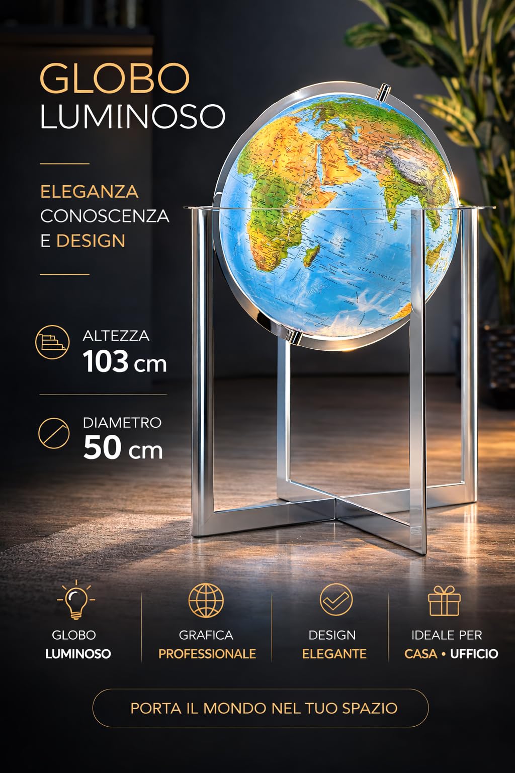 Mappamondo Luminoso da Terra con Base in Acciaio Cromato, Cartografia Fisico-Politica, Diametro 50 cm, Altezza 103 cm, Steel Blue - Progressio