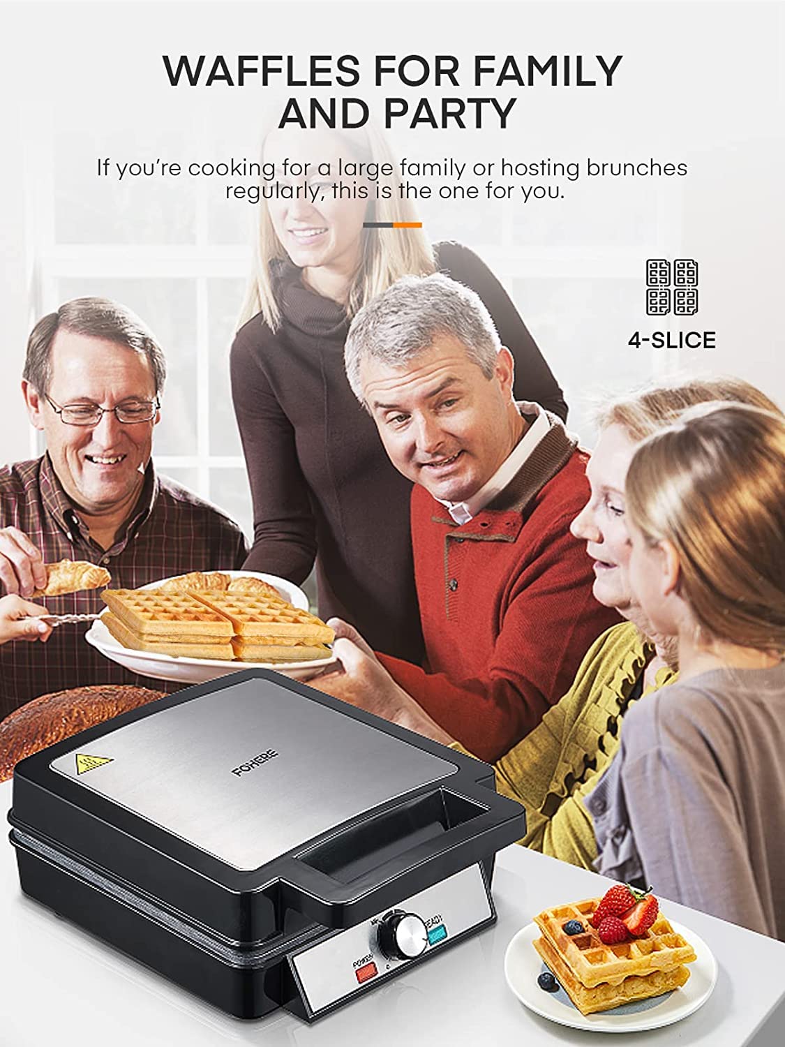 FOHERE 4-placas gofrera 1200W, revestimiento antiadherente, regulador de bruñido, acero inoxidable