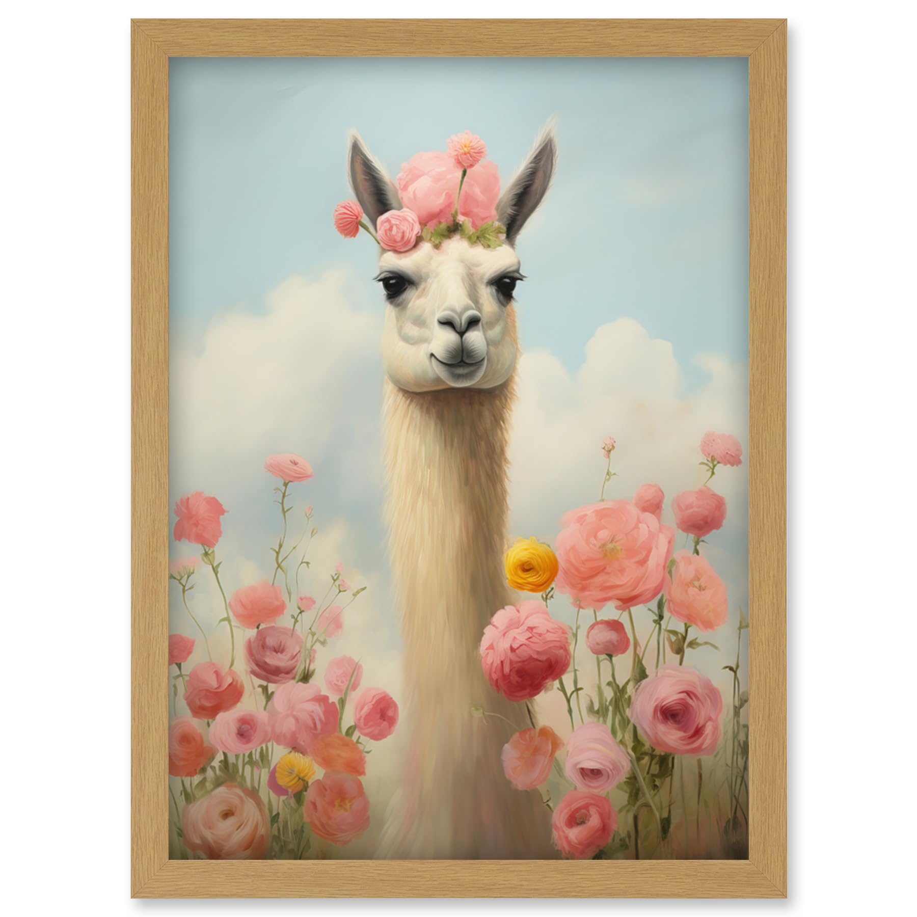 Artery8 Llama and Peonies Pink Elegant Artwork Kids Bedroom Floral Portrait with Roses Artwork Framed Wall Art Print A4