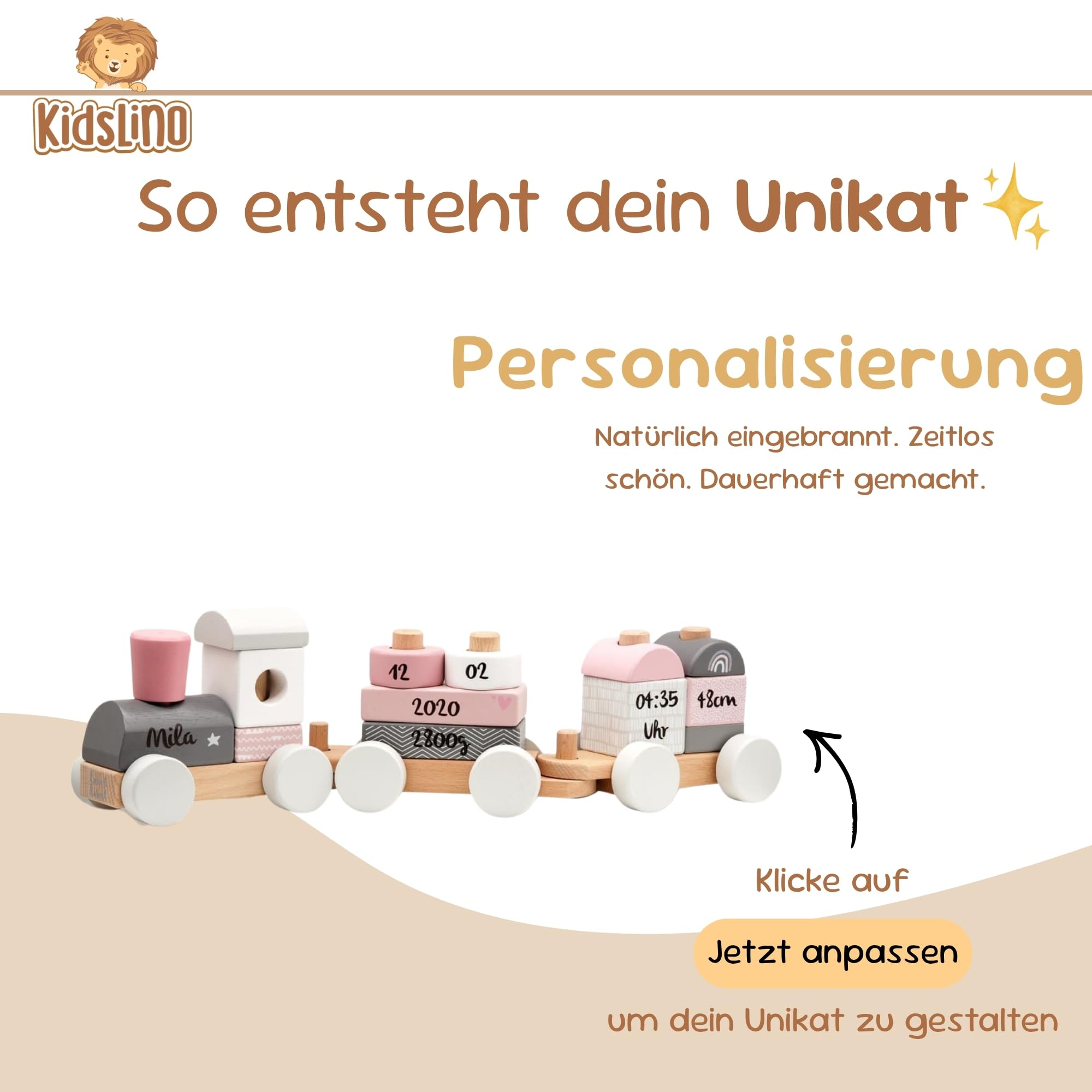 Personalisierte Holzeisenbahn rosa – Personalisierte Geschenke Baby | Steckspielzeug | Geschenk zur Geburt Mädchen | Holzzug mit Name & Geburtsdaten – Label Label