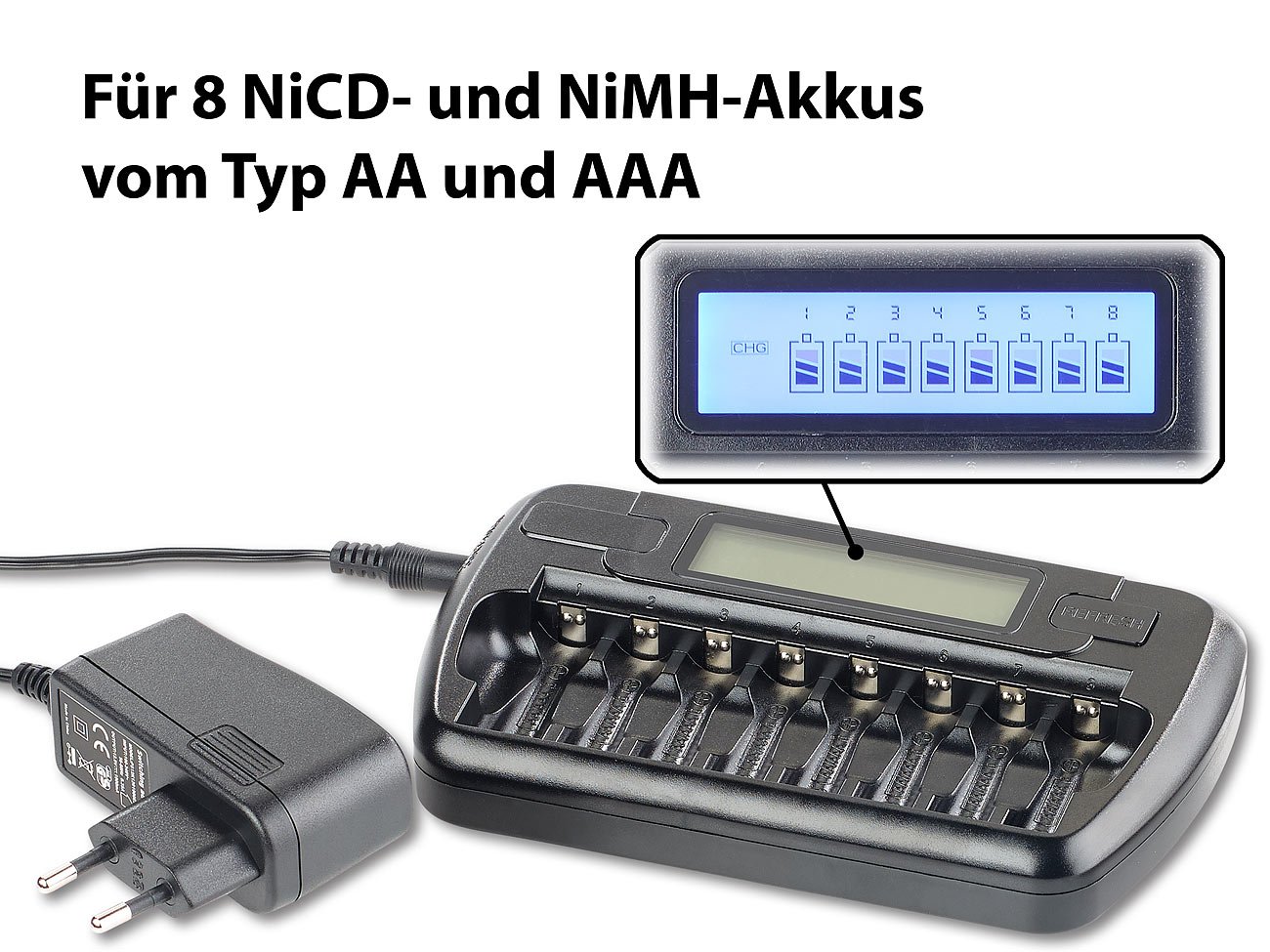 tka Köbele Akkutechnik Akku Ladestation: Ladegerät für 8 AA(A)-Akkus, LCD-Display und Einzelschacht-Überwachung (Accu Ladegerät, Lader)