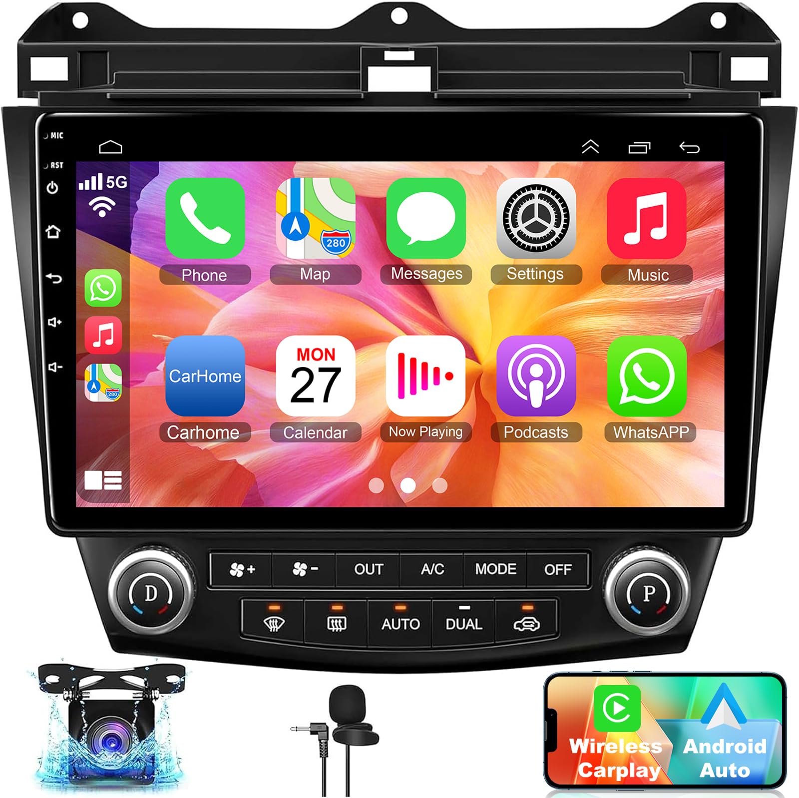 Android 12 for Hondas Accord Car Stereo Radio 2G RAM+32G ROM for 2003-2007, 10.2 Inch IPS Touch Screen with Wireless Carplay/Android Auto, DSP, Bluetooth, Backup Camera, Support OBD2/DVR/TPMS