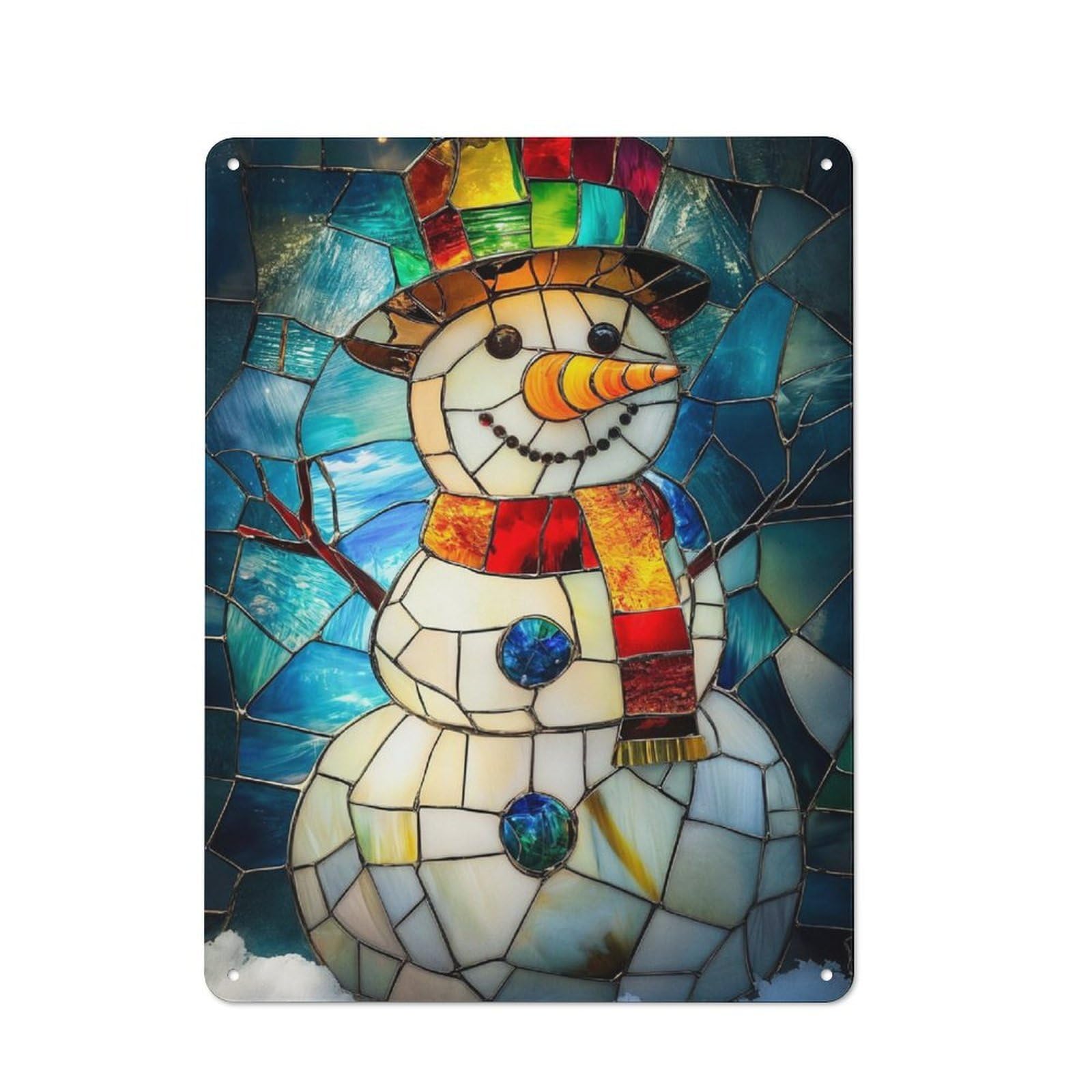 Junmoney Stained Glass Snowman Printed Metal Sign 40X30cm For Café Or Restaurant, For Hospitality Interior Collectors