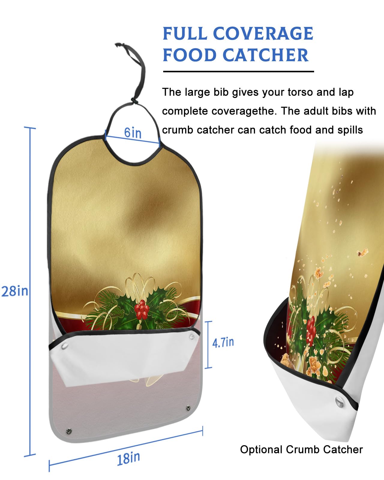 Christmas Adult Bib for Eating with Crumb Catcher,Washable & Waterproof Terry Cloth Adjustable Elderly Women Men Adult Bibs Funny Apron Clothing Protector Luxurious Ombre Red Brown Gold Bell Ribbon