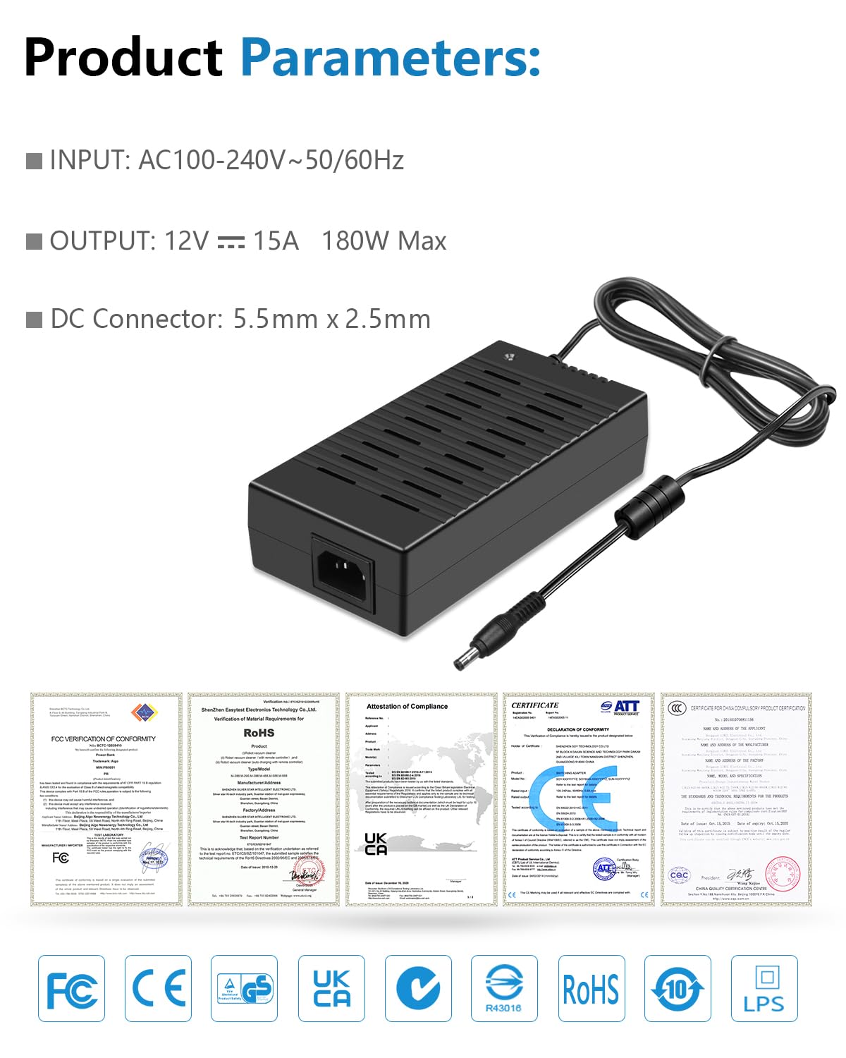 SHNITPWR Netzteil 12V 15A 180W AC/DC Adapter 100-240V 50-60HZ 12 Volt 12A 10A Netzadapter Steckernetzteil 12V mit 3M Netzkabel für LED-Streifenlicht 3D-Drucker DVD TV Kamerasystem
