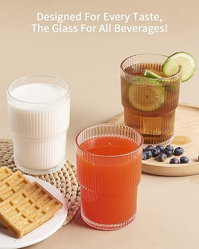 Miniatura 5 de BJMEDYM Vasos rasgados de 15 onzas para café helado, juego de 6 vasos de vidrio acanalados, vasos de agua vintage, vasos de agua, cristalería