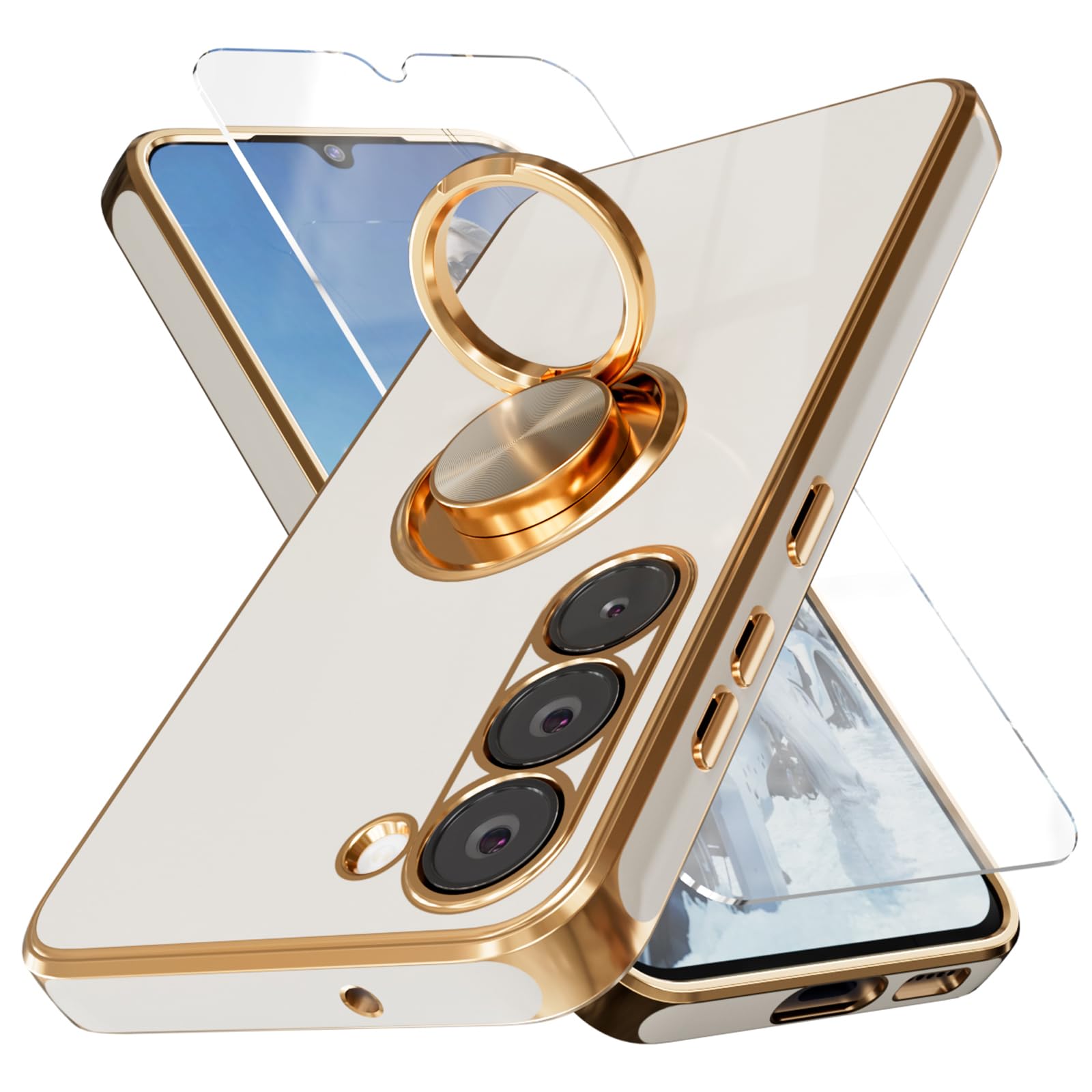 for Galaxy S23 Case,+Screen Protector,with Magnetic Kickstand,Built-in 360° Rotation Ring Holder,Plating Gold Edge Slim Soft TPU Shockproof Protective Case for Samsung Galaxy S23， White