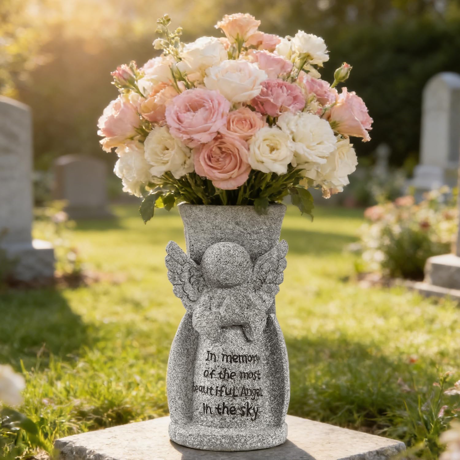 Solar Cemetery Flower Vase Angel Memorial Vase for Grave Outdoor Waterproof Cemetery Decorations with Metal Spikes Sympathy Loss Gift Memorial Gifts