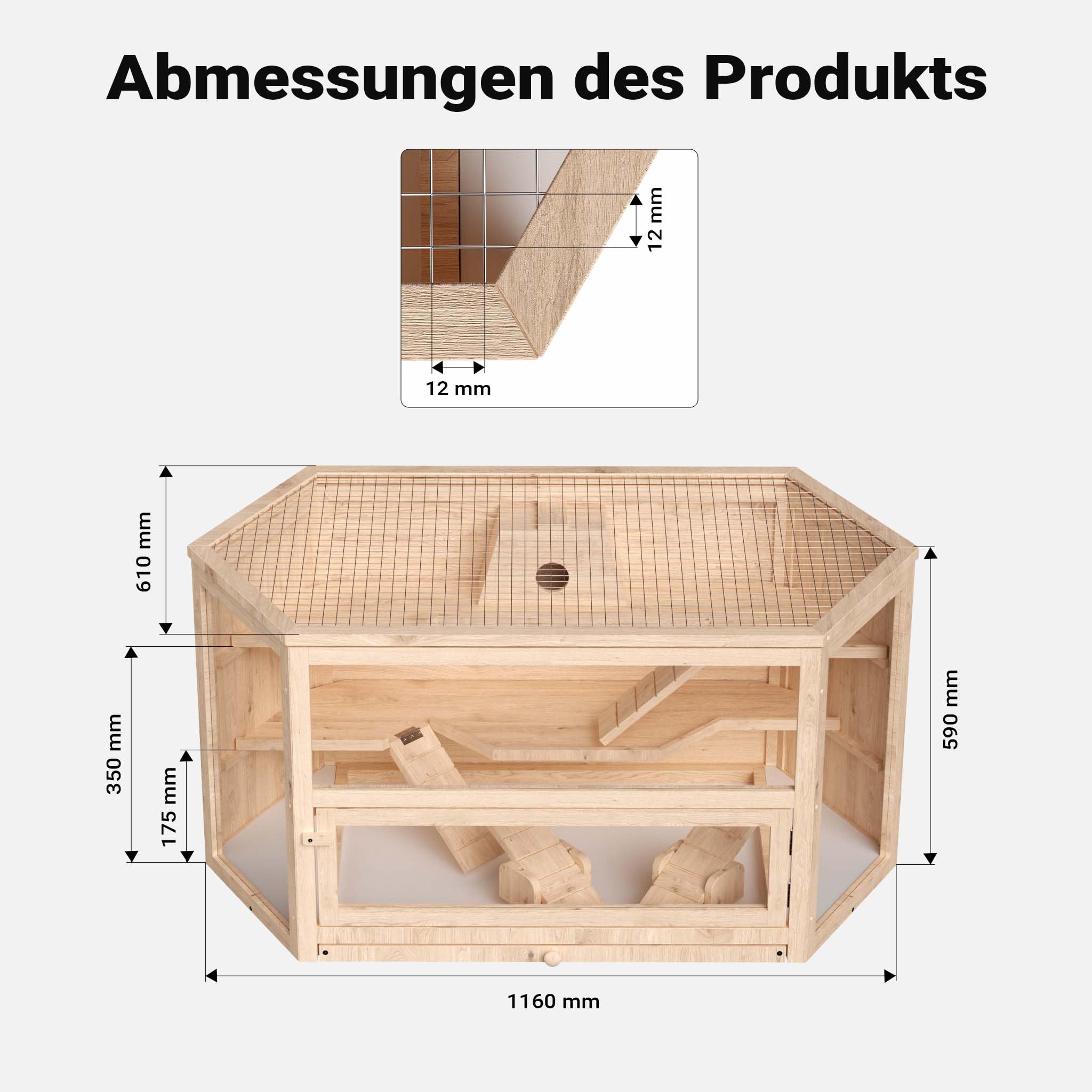 Wiltec XXL 3 Etagen Nagerkäfig, 6-eckig, 1150 x 600 x 580 mm, aus Holz, mit klappbarem Deckel & Sichtfenster, Kleintierhaus Mäusekäfig Hamsterkäfig
