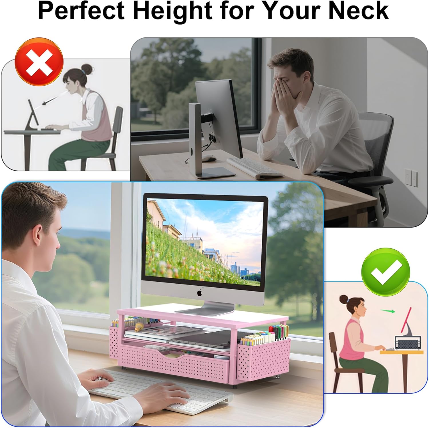 Desk Organizer and Accessories, Computer Monitor Stand Riser with Drawer and 2 Pen Holders, Office Desk Accessories & Workspace Organizers for Office Supplies (Pink) image 3 of 7 B0FDGC5LS4