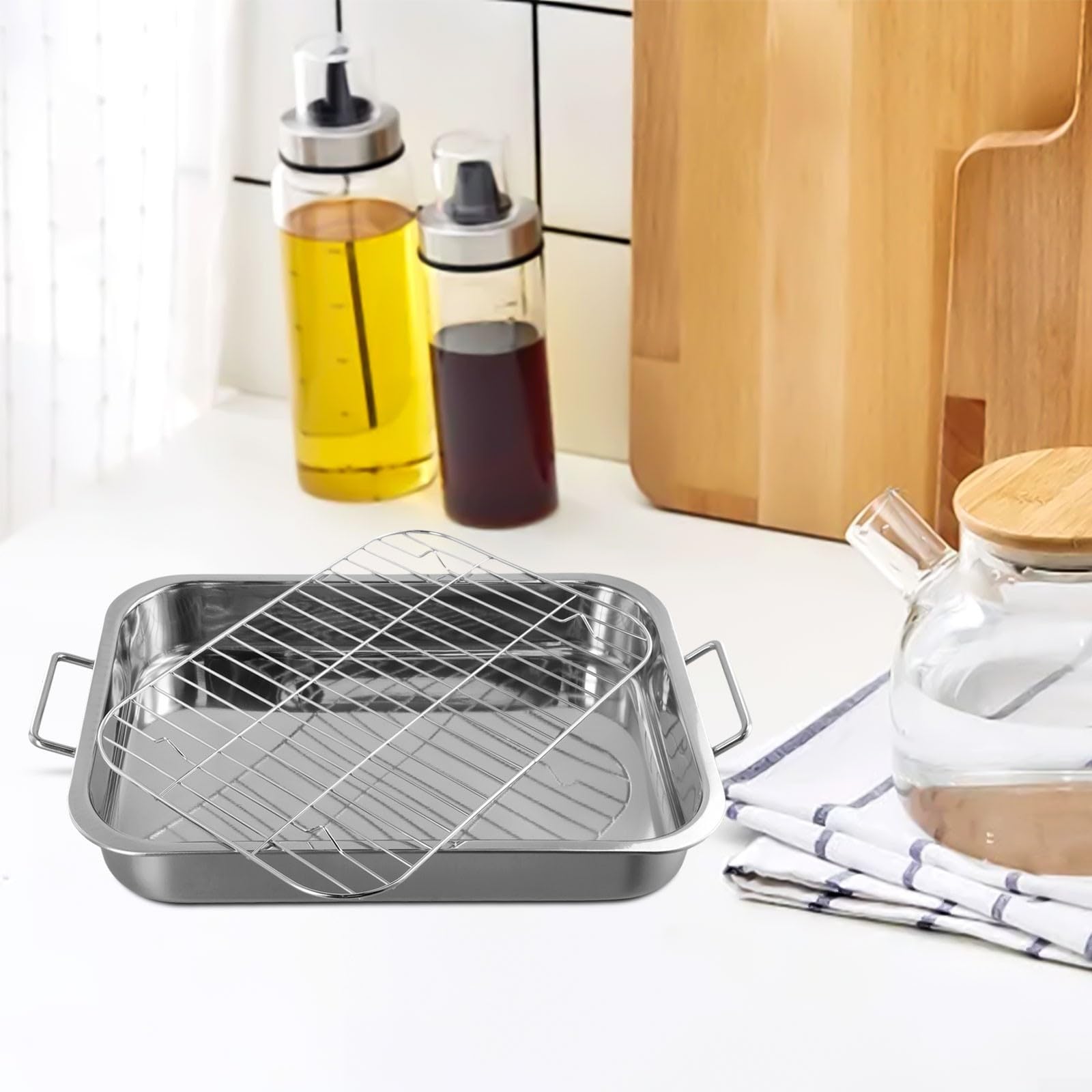 Bandeja Asadora para acero Inoxidable con Rejilla para Horno Pan Grande Pavo Navidad 39x28cm(36 * 26 * 6CM)