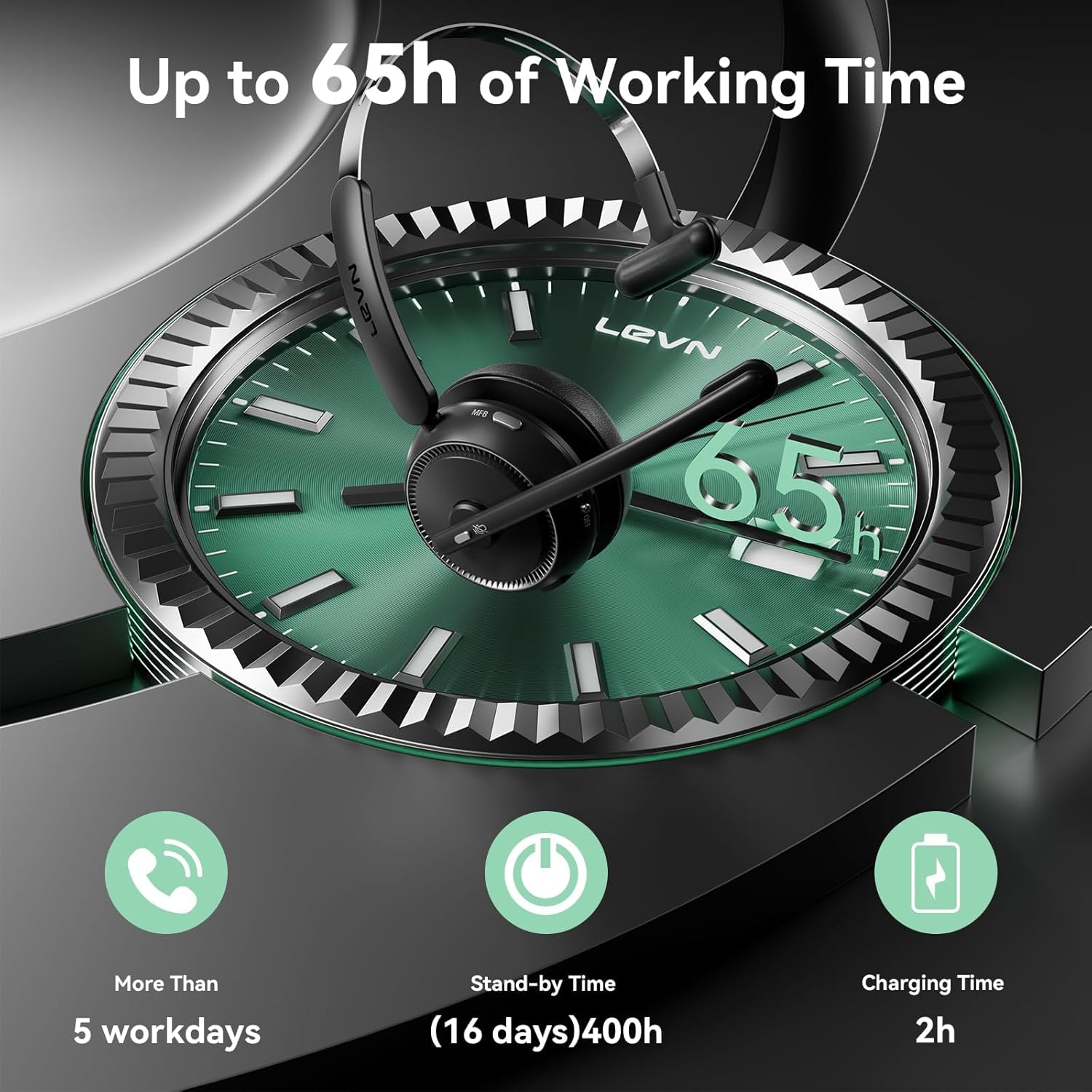 LEVN CT002 Wireless Headset showcasing up to 65 hours of working time.