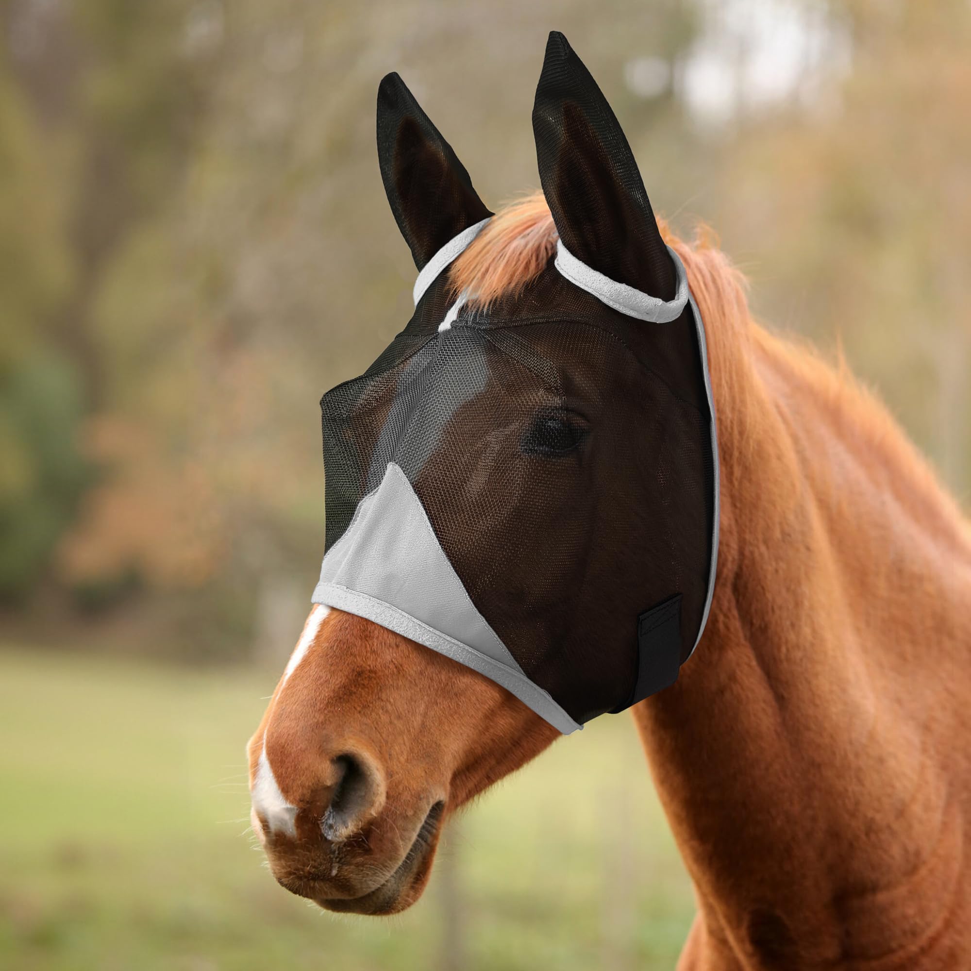Hilltown Fly Mask for Horse with Ears - UV-Block, Large Eye Space, Adjustable, Breathable, Built to Last for Daily Stable, Hot Weather Riding and Competition - Yearling/Large Pony, Gray