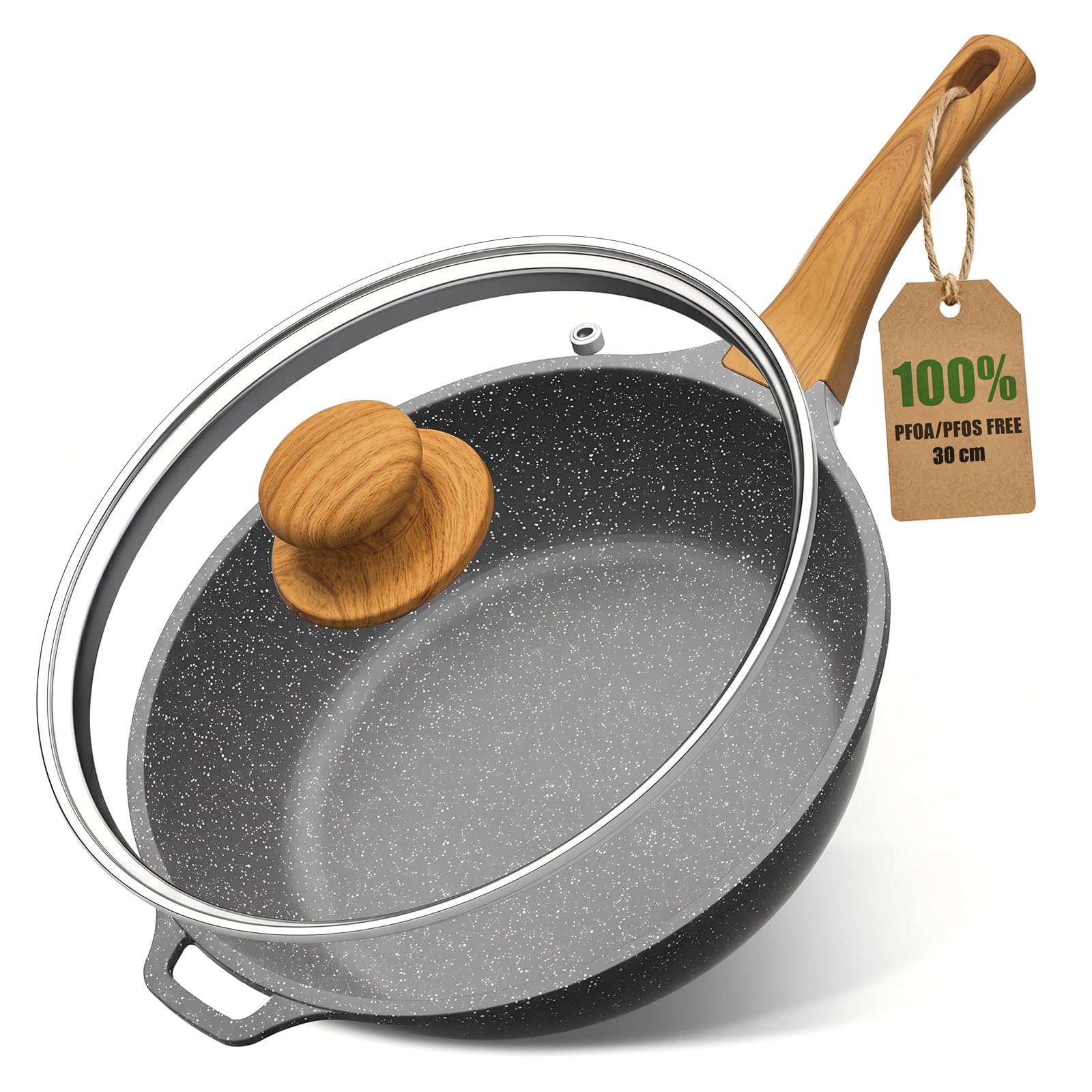 YASHE 30cm/4.7L Nonstick Deep Frying Pan with Glass Lid, Dishwasher Safe