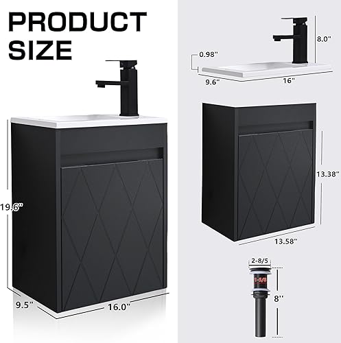 Vista 22 de Combo de lavabo de baño de 16 pulgadas para espacio pequeño, juego de gabinete de baño montado en la pared con lavabo de resina blanca, grifo negro