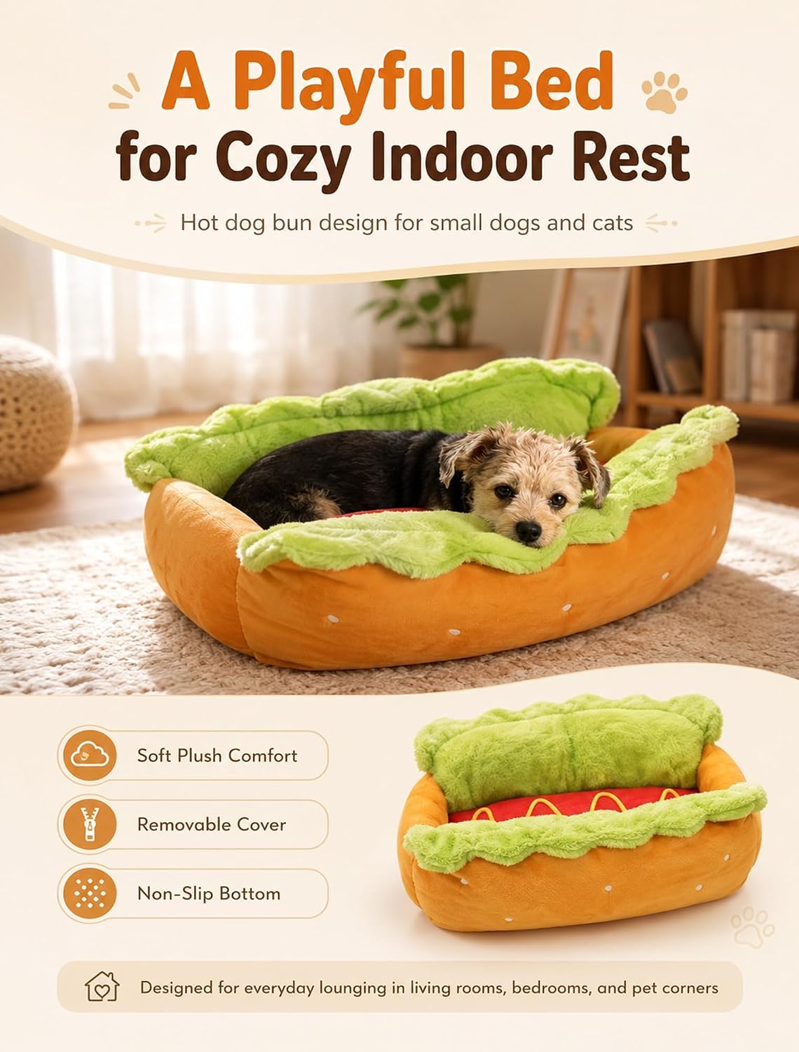 Cama para perros salchicha, cama para perros y gatos, cama de felpa extraíble y lavable, cama de micro gamuza suave y pana para interiores con parte inferior antideslizante para cachorros y mascotas
