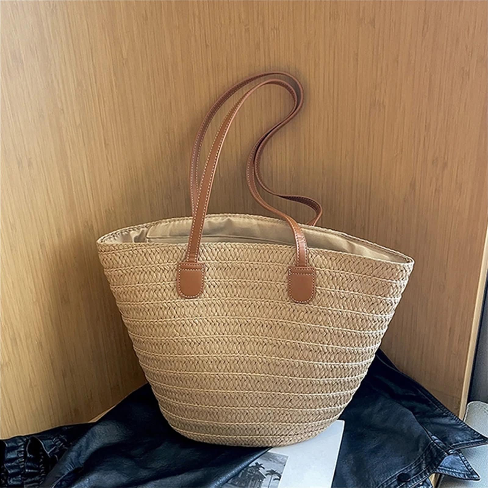 Bolso de Hombro de Paja Bolsos de mano cesta trenzada for mujer, bolso con asa superior, bolsos playa verano portátiles paja grande