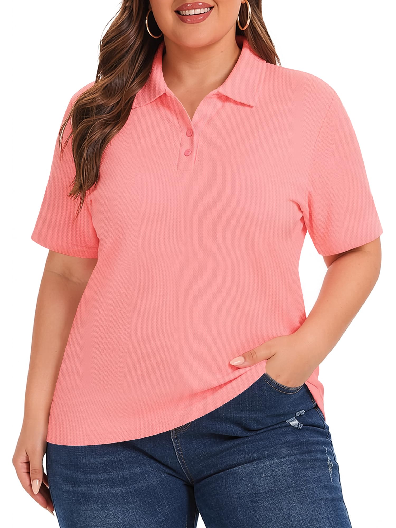 HDLTE Womens Plus Size Polo Shirts UPF 50+ Quick Dry Golf Shirt 2 Button V Neck Collared Short Sleeve Business Casual Tops