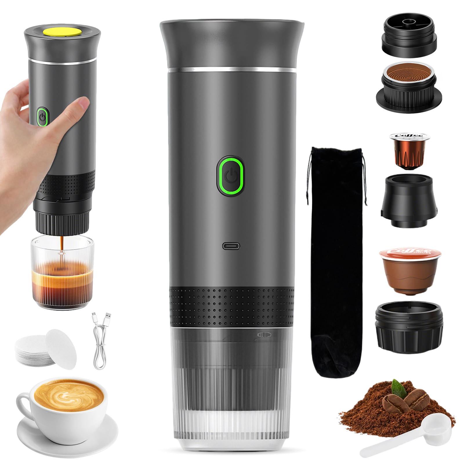 VHV Cafetera Portatil, Cafetera Portátil Cápsula de Espresso 3 en 1, Autocalentamiento de 2a6 Minutos, Para Cápsulas Pequeñas o Grandes y Café Molido,Cafetera Portátil para Oficina y Hogar (Gris)