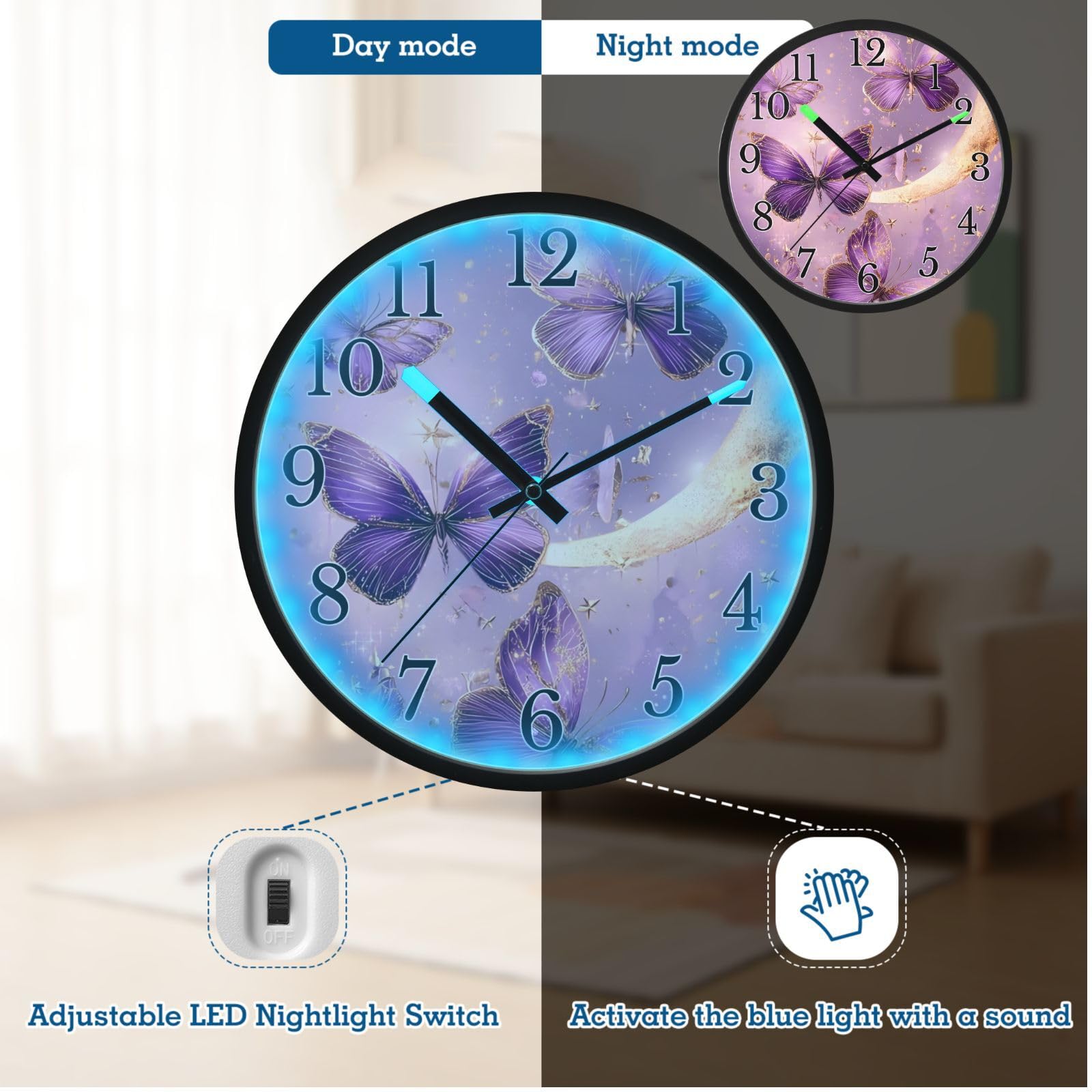 Mnsruu Reloj de pared luminoso con diseño de mariposa morada, luna, mariposas, reloj de pared que brilla en la oscuridad, funciona con pilas, silencioso, sin tictac, luz nocturna para dormitorio
